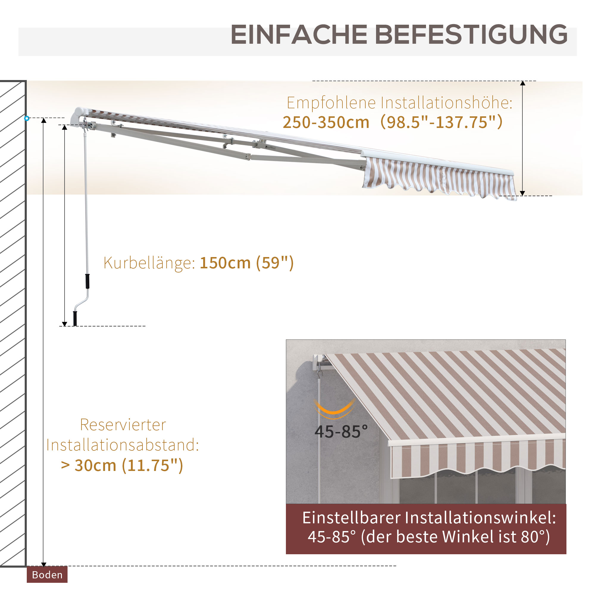Markise mit Handkurbel, Gelenkarmmarkise, Sonnenschutz, Wandmontage, Balkon, Alu Berge 3 x 2,5 m