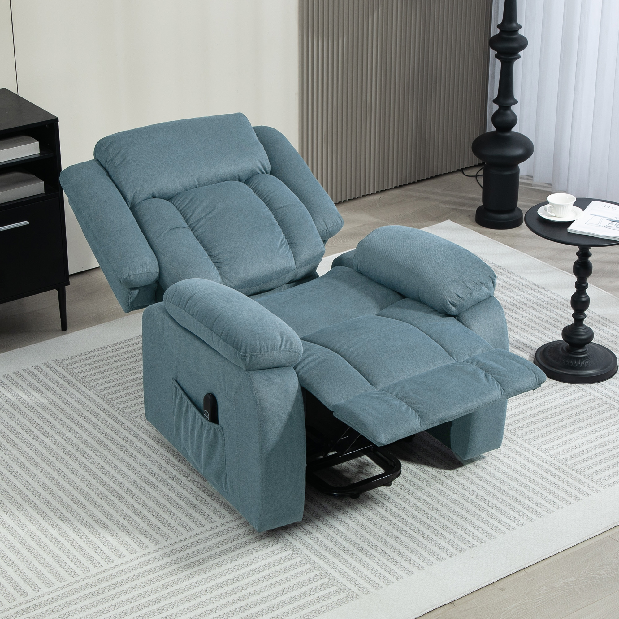Aufstehsessel mit weichem Bezug, Recliner-Sessel mit Fernbedienung und Seitentaschen, Blau
