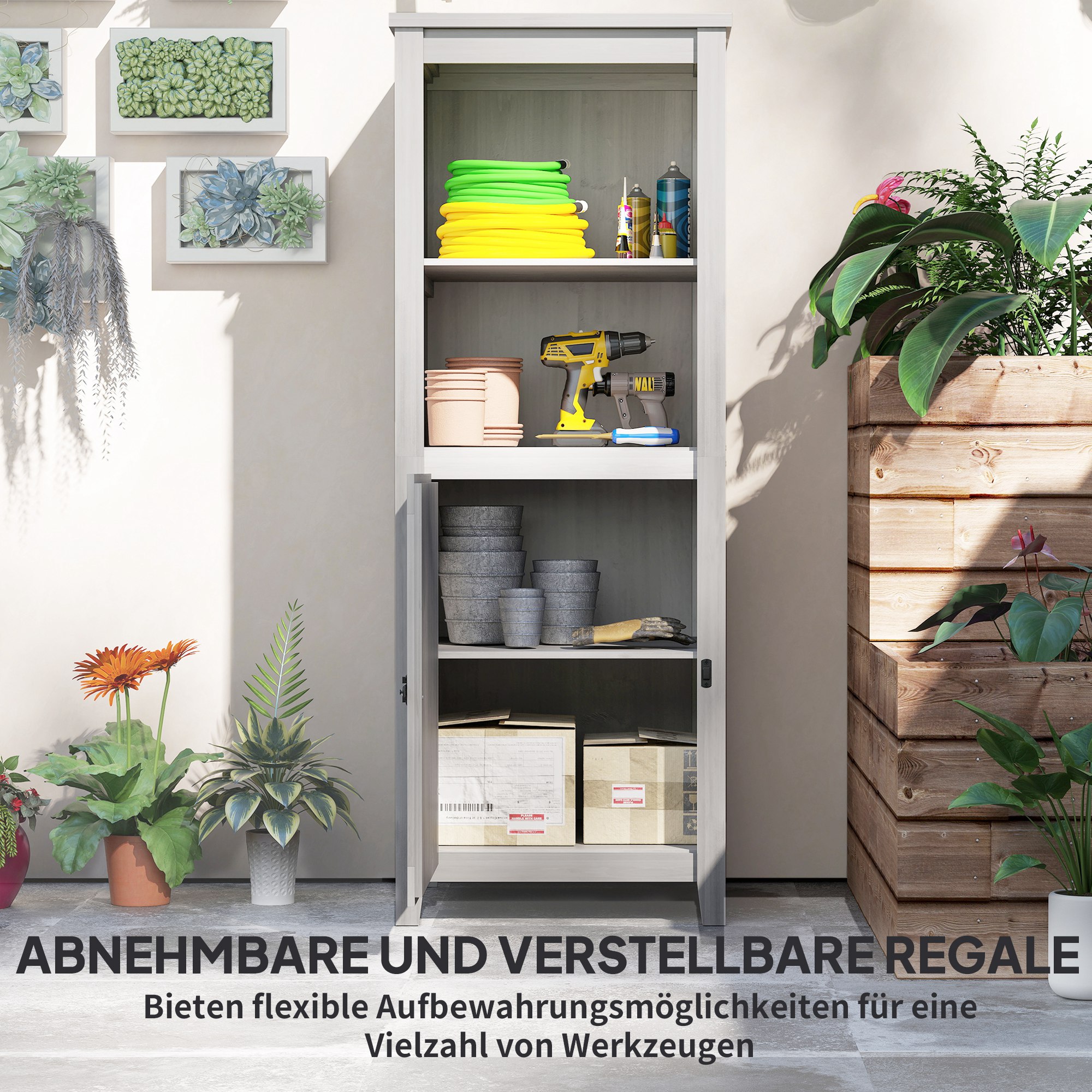 Gartenschuppen mit Scheunentür, verstellbare Regale, schlankes Design, Tannenholz, Hellgrau