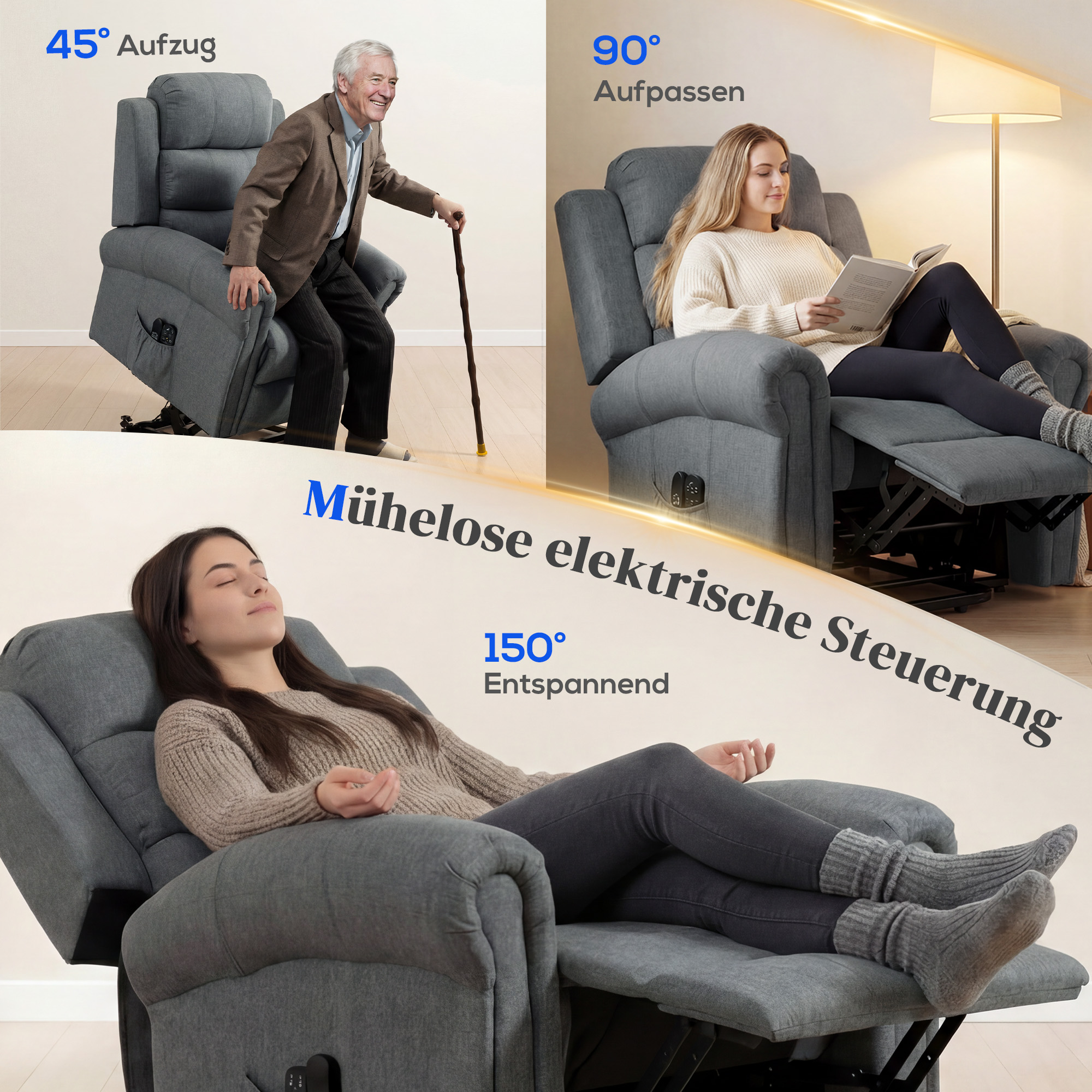 Massagesessel mit Aufstehhilfe, Relaxsessel, Vibrationsköpfe, mit Neigefunktion, Leinenoptik, Grau