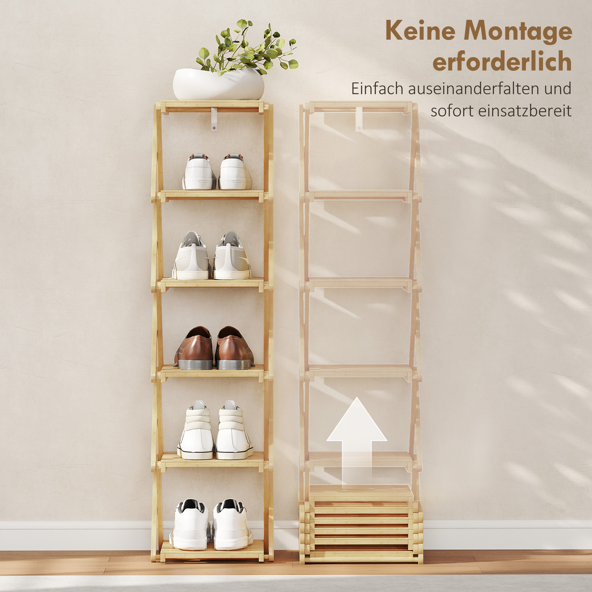 Schuhregal, klappbar Schuhständer mit 6 Ebenen aus Bambus, für max. 9 Paar Schuhe, 30 x 29 x 108 cm, Natur