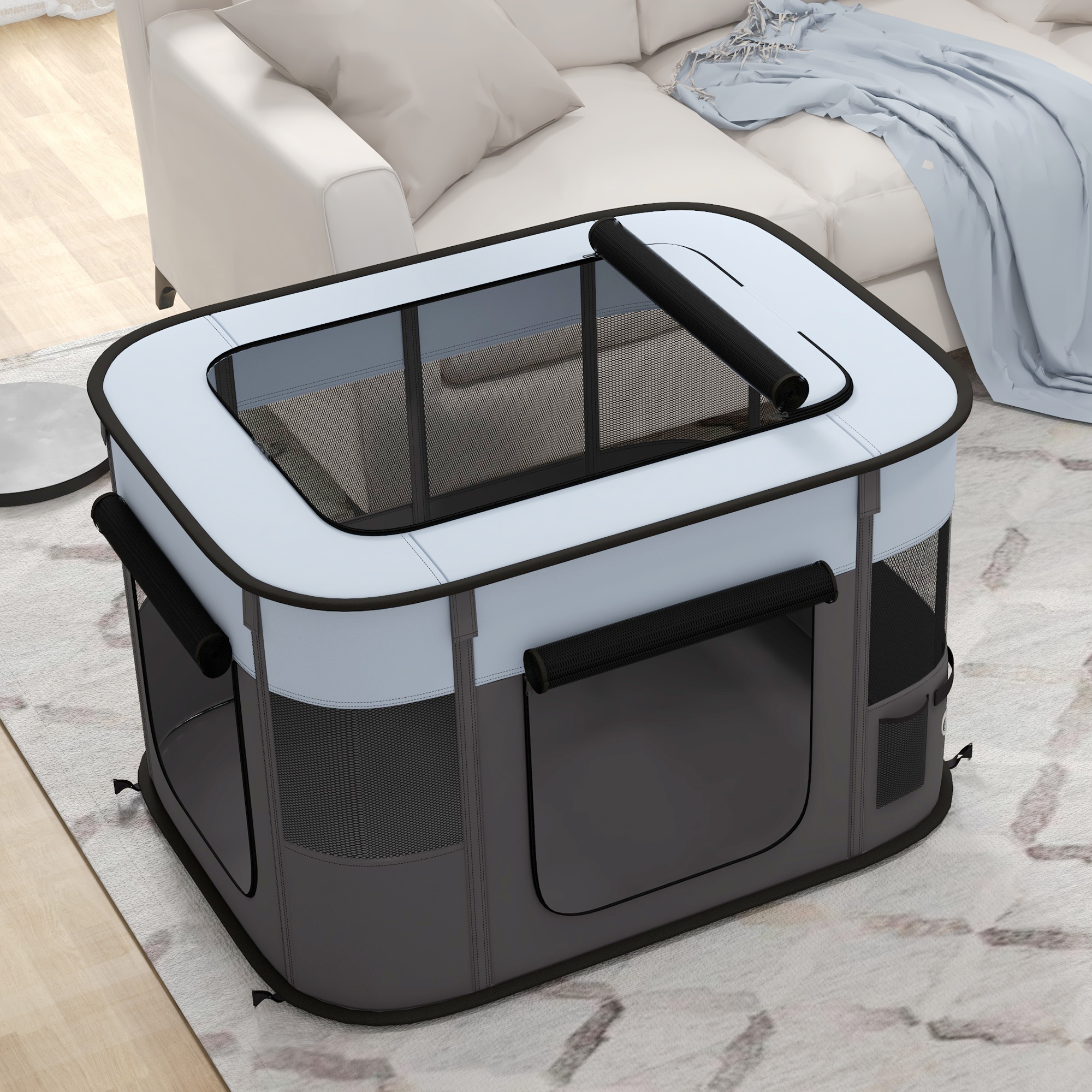 Spielgehege für Haustiere, faltbar, mit Aufbewahrungstasche, für Welpen und Kätzchen, drinnen und draußen, Grau