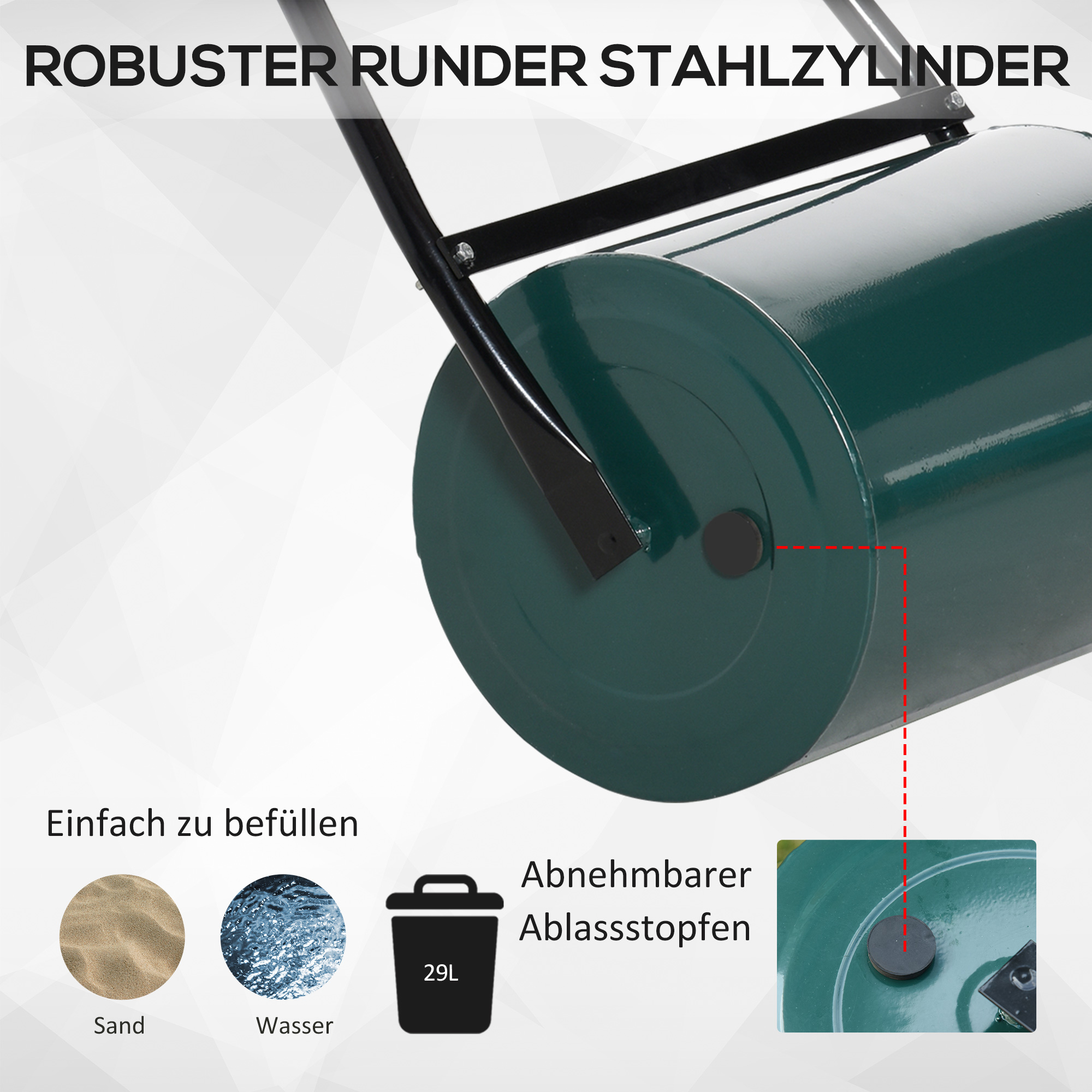 Rasenwalze Gartenrolle Gartenwalze mit U-Griff 31 cm Durchmesser 30 cm Arbeitsbreit 40 L Wasser-/Sandfüllunge Metall Grün