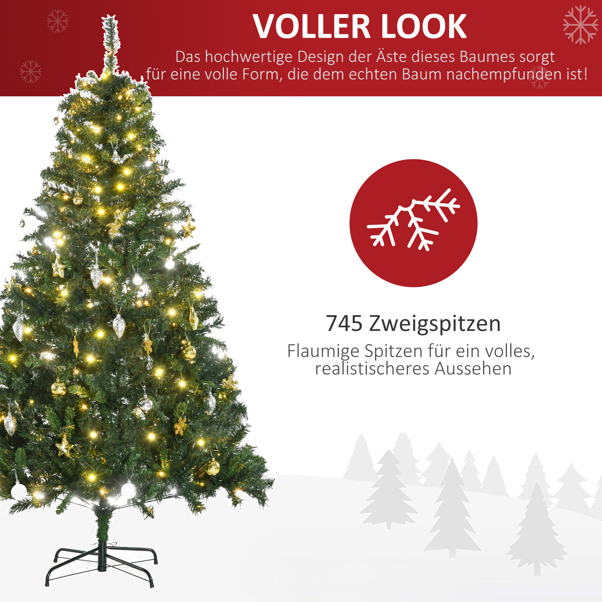 Weihnachtsbaum 180 cm künstlich Tannenbaum mit LED Beleuchtung, Kugeln, Christbaum mit 745 Spitzen, Weihnachtsdeko inkl, Metallständer für Drinnen