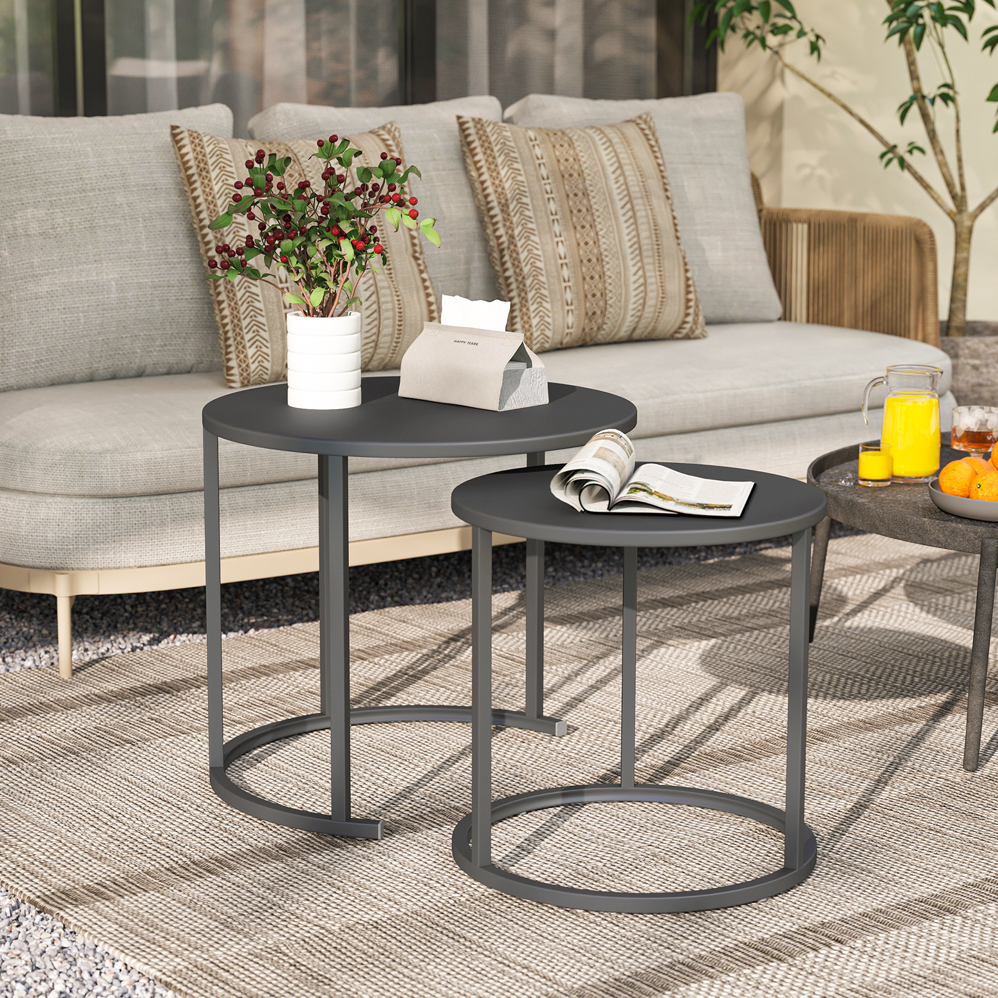 2er Set Beistelltisch Stapelbar Gartentisch Rund wetterfest Balkontisch aus Stahl platzsparend Dunkelgrau