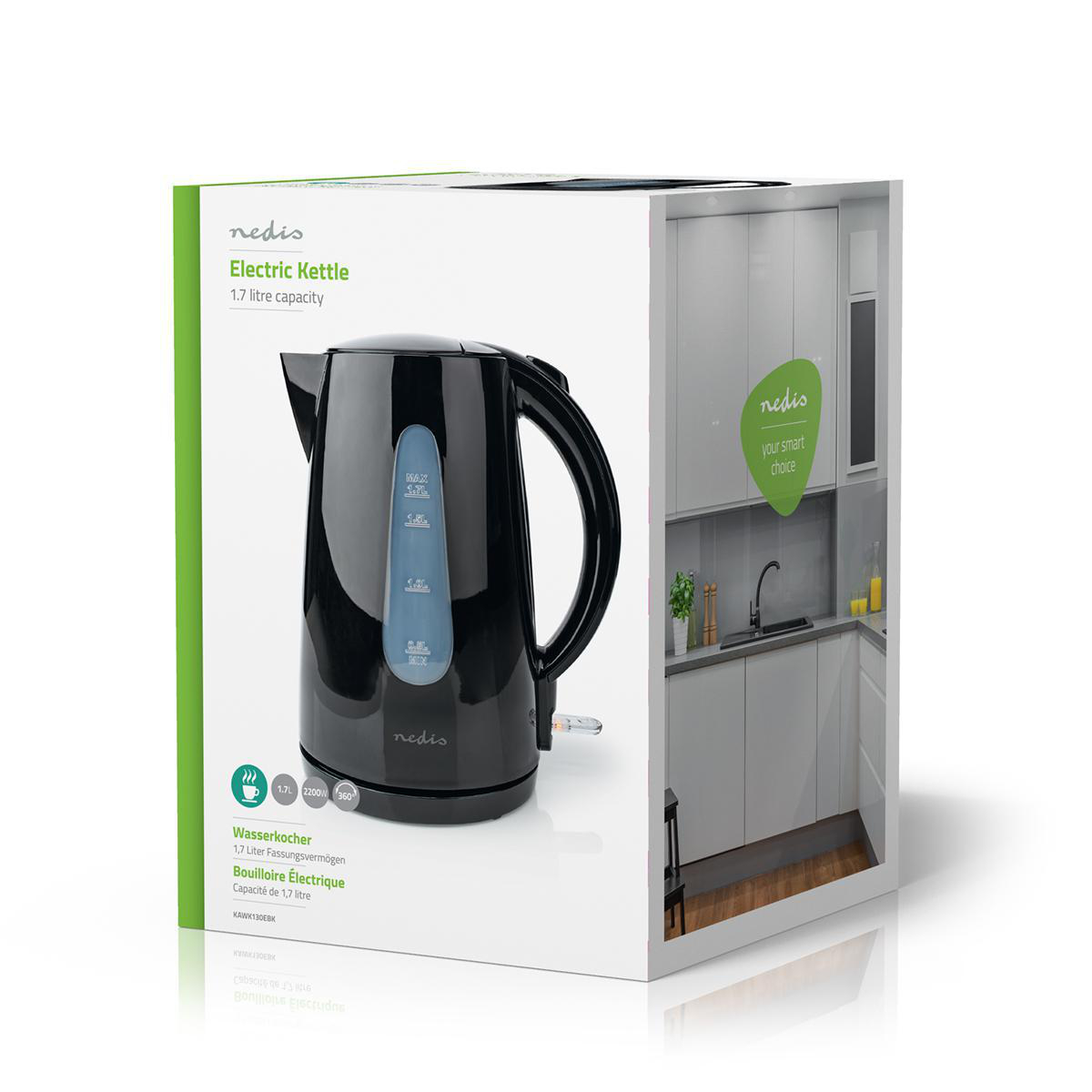 Wasserkocher | 1.7 l | Plastik | schwarz | Um 360 Grad drehbar | Verdecktes Heizelement | Strix Controller | Boil-dry protection