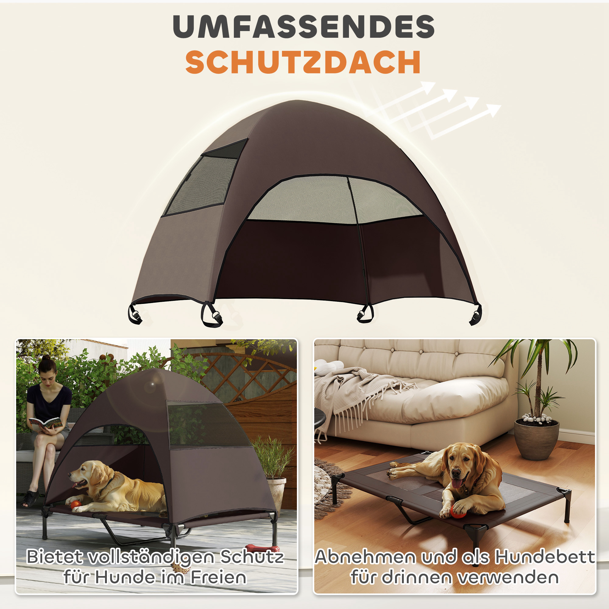 Hundeliege Outdoor mit Dach, erhöhtes Hundebett für Große Hunde, 106 x 76 x 99 cm, Kaffee