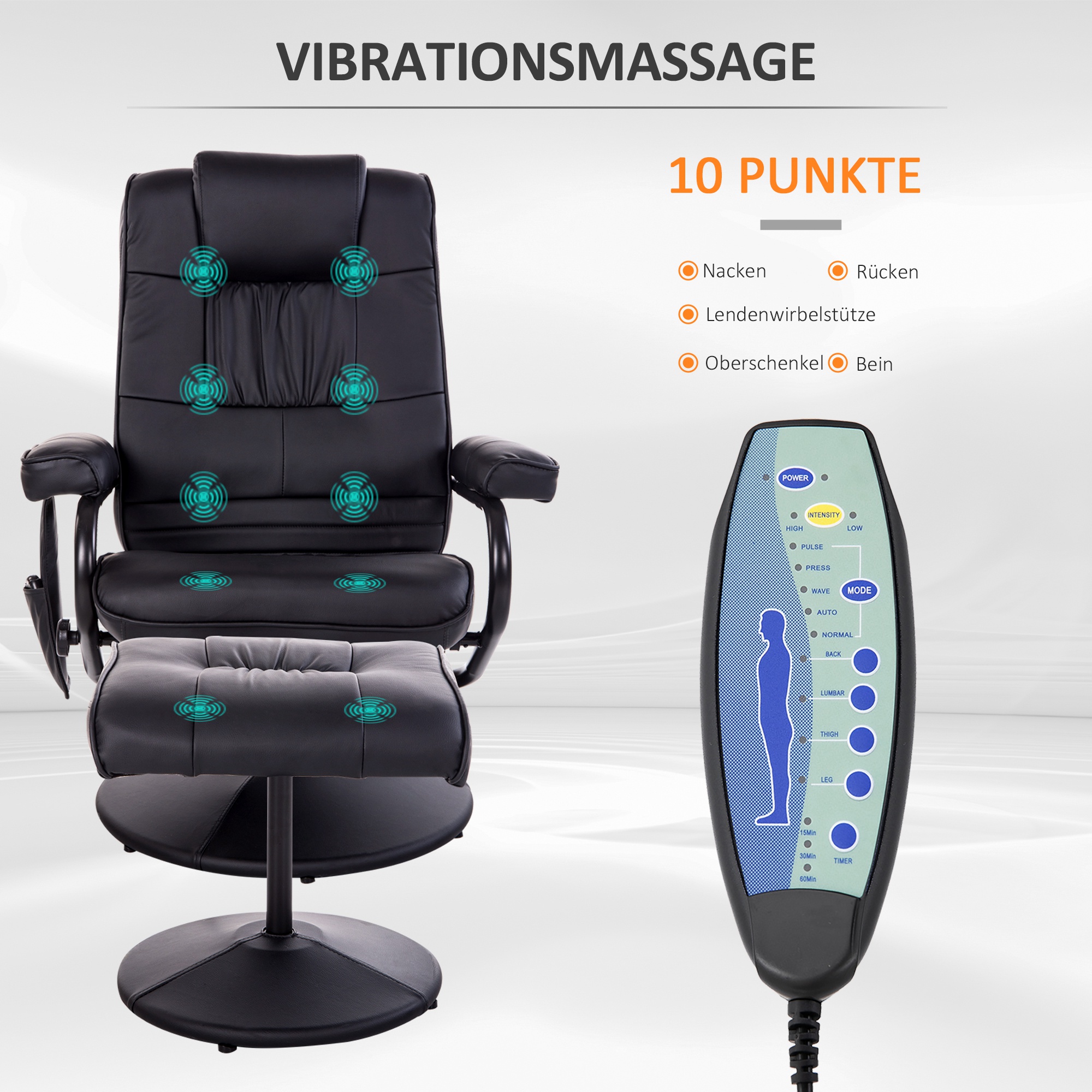 Massagesessel mit Hocker, Drehbares Relaxsessel mit Massagefunktion, Elektrisches Fernsehsessel mit Liegefunktion, Fernbedienung für Wohnzimmer, Kunstleder, Schwarz