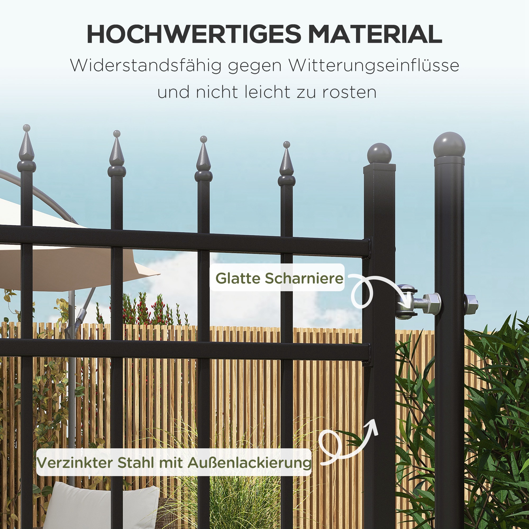 Gartentor, Schloss und Schlüssel, dekorative Spitzen, rostfreier Stahl, 107x204cm, Schwarz