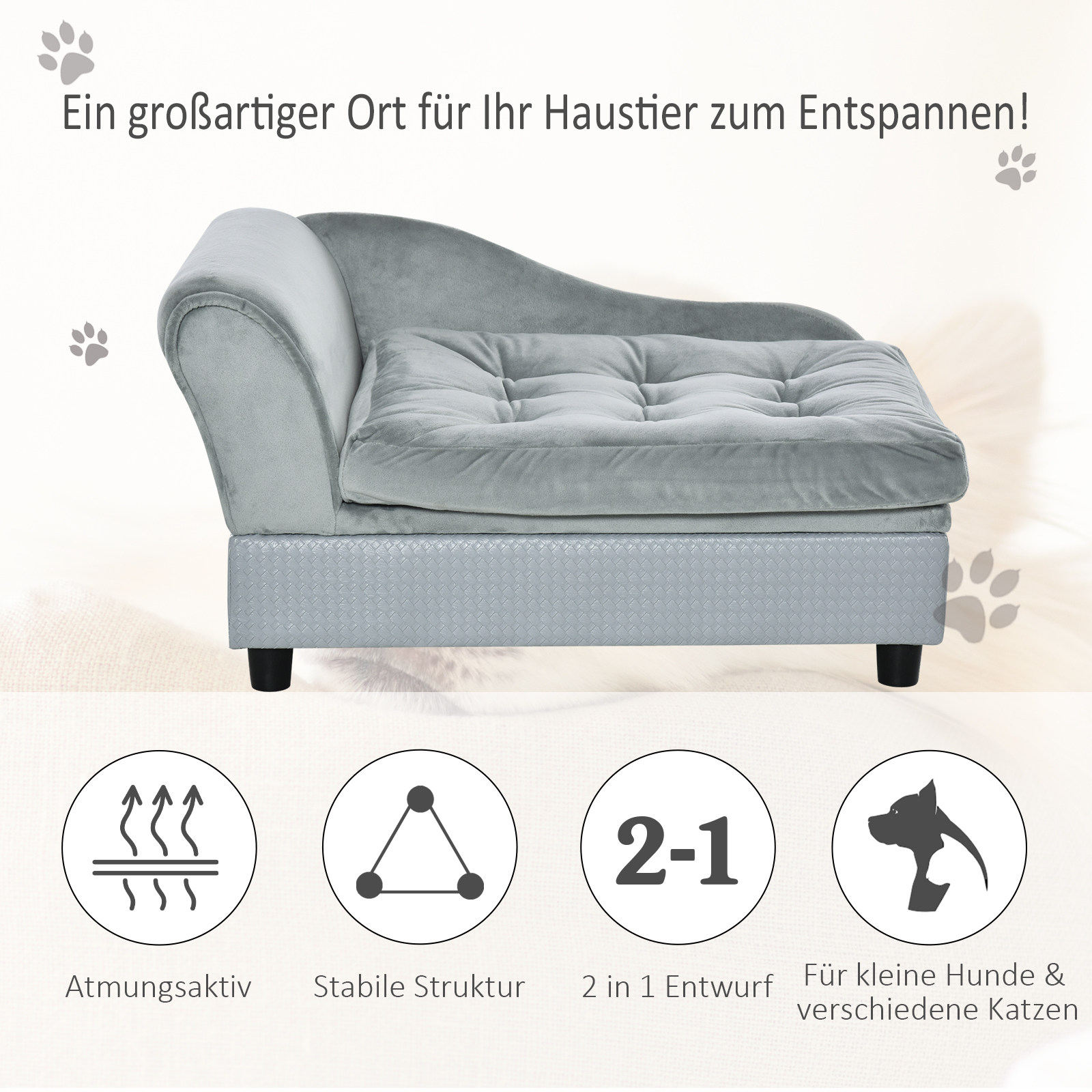 Haustiersofa mit Stauraum, weichem Kissen, bis 15 kg Tragkraft, Plüschbezug, Hartholzrahmen, Hellgrau