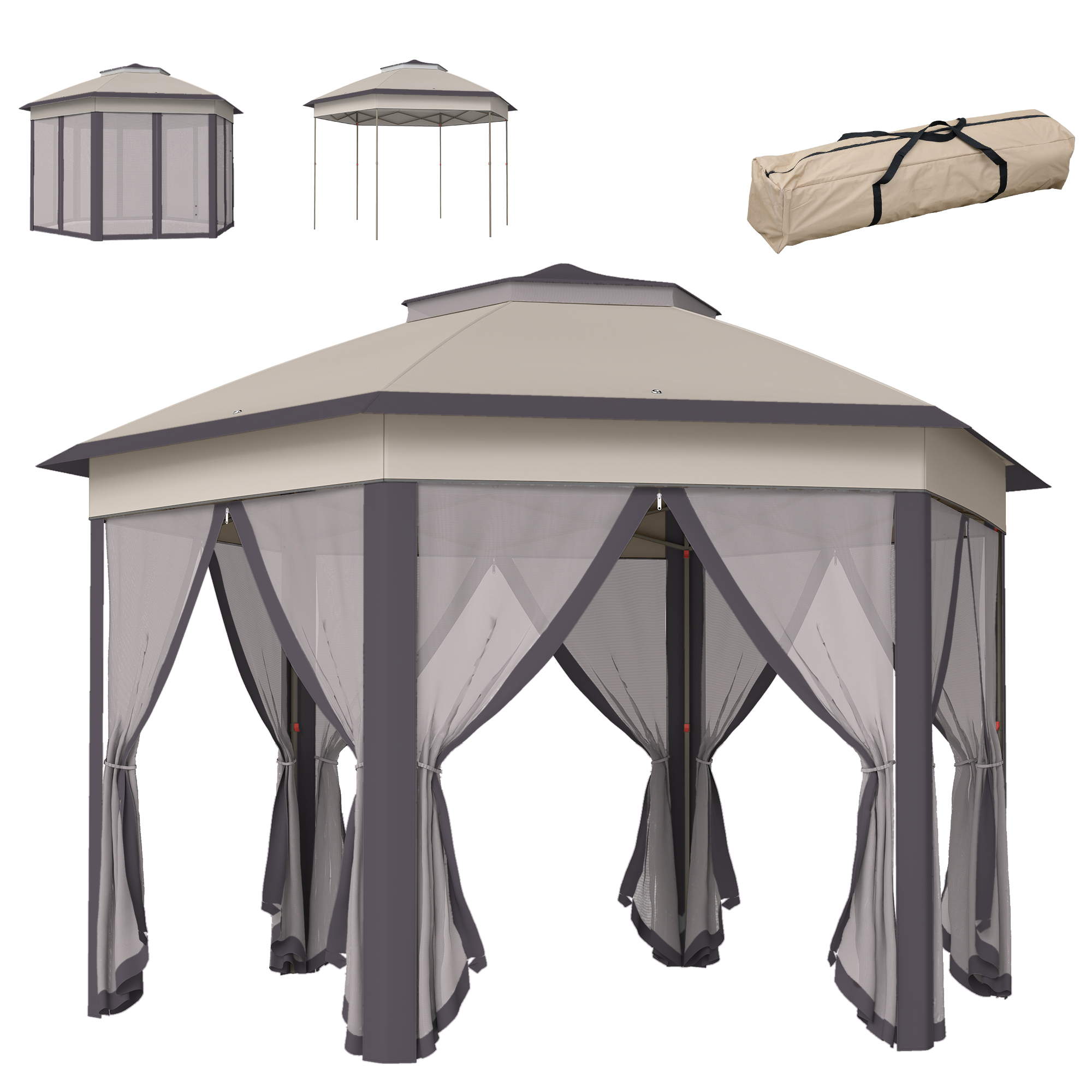 Pavillon 4x4m Wasserdicht Pop-up sechseckiger Faltpavillon, Doppeldach, Gartenpavillon mit 6 Seitenteilen, Partyzelt inkl. Tragetasche, für Garten, Terrasse, Festival, Kaffee+Beige