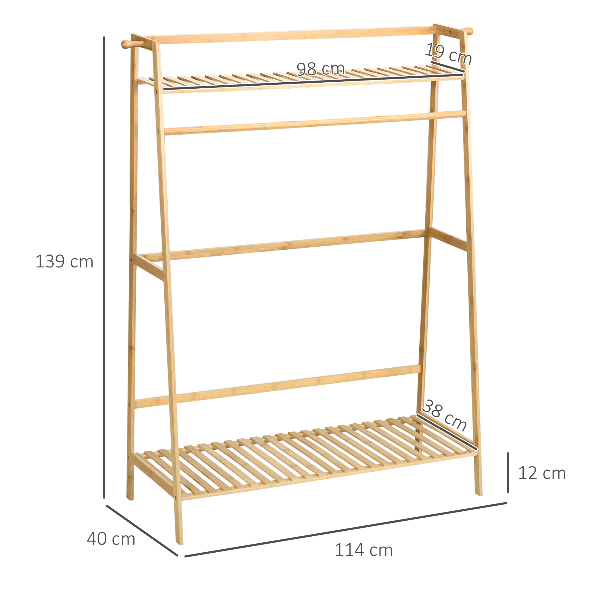 Kleiderständer aus Bambus, 2 Kleiderhaken, Kleiderstange, 2 Ablagen, 114 x 40 x 139 cm