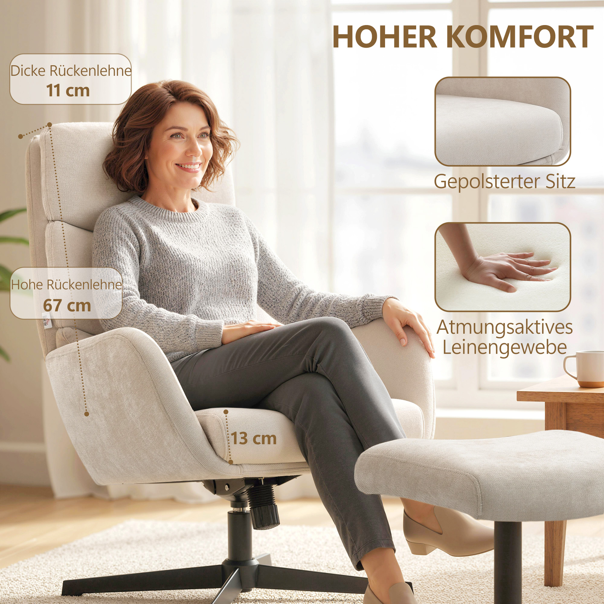 Polstersessel mit Fußhocker, Lounge-Sessel mit hoher Rückenlehne, Metallbasis, für Wohnzimmer, Schlafzimmer, Beige