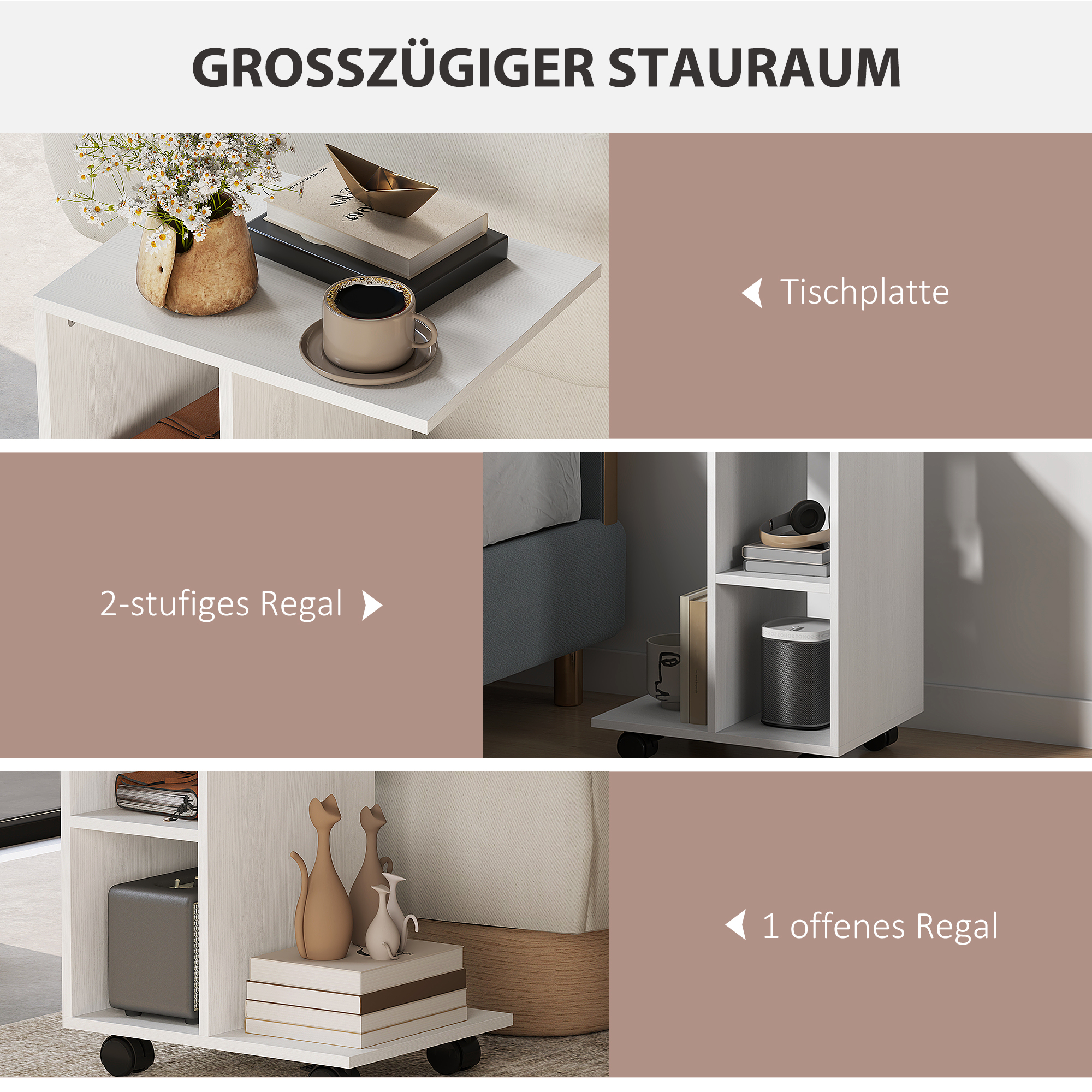 Beistelltisch in C-Form, Kaffeetisch, Couchtisch, Eckschreibtisch, mit Rollen, E1-Spanplatte, 45 x 35 x 58 cm, Weiß