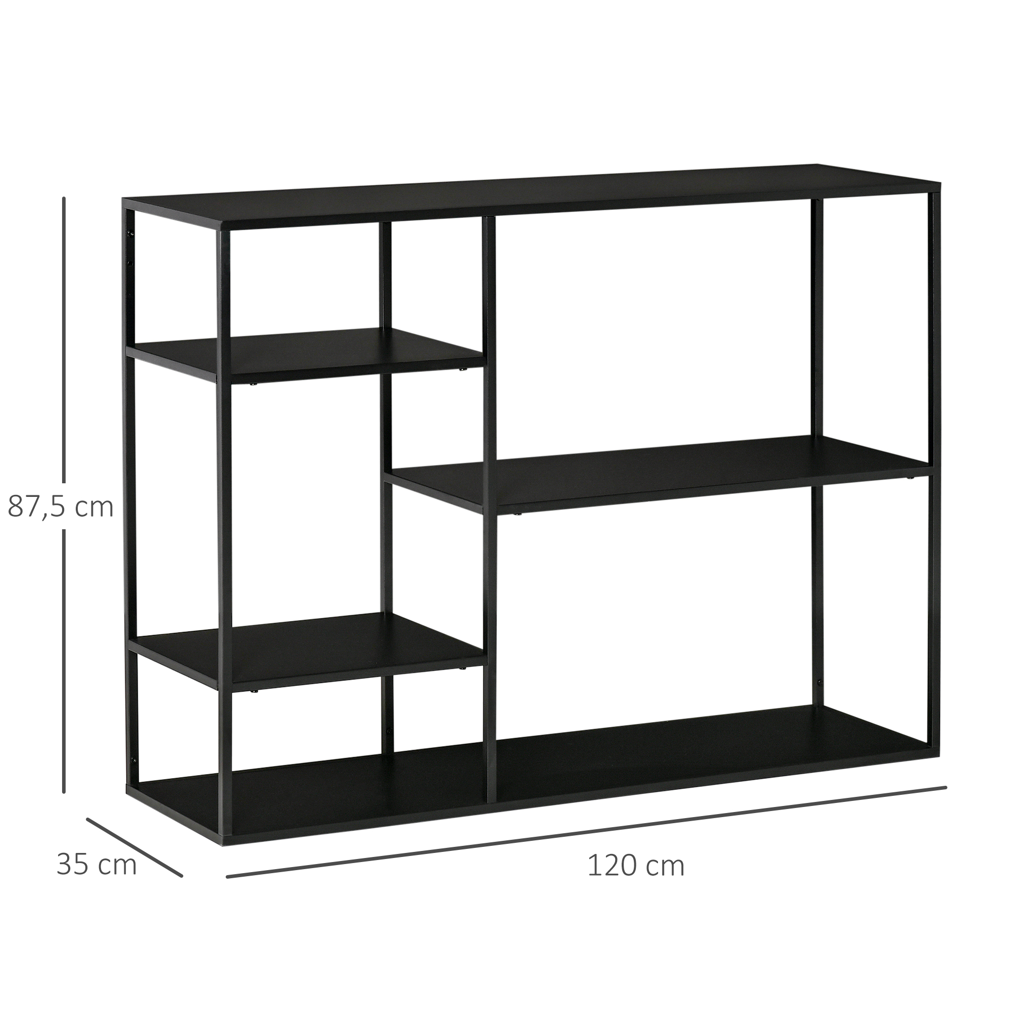 Standregal Bücherregal mit 5 offenen Fächern, Aufbewahrungsregal mit Metallrahmen, Würfelregal für Küche, Wohnzimmer, Schwarz, 120 x 35 x 87,5 cm