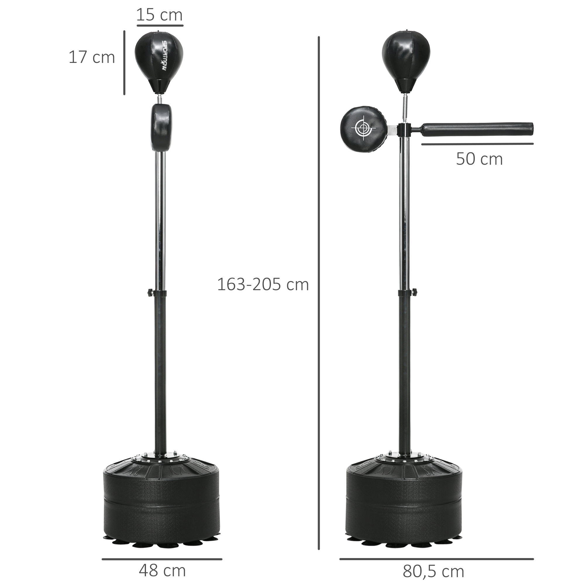 Höhenverstellbarer Punchingball, 360° drehbar, inkl. Boxbandagen, Schwarz, 80,5 x 48 x 163-205 cm