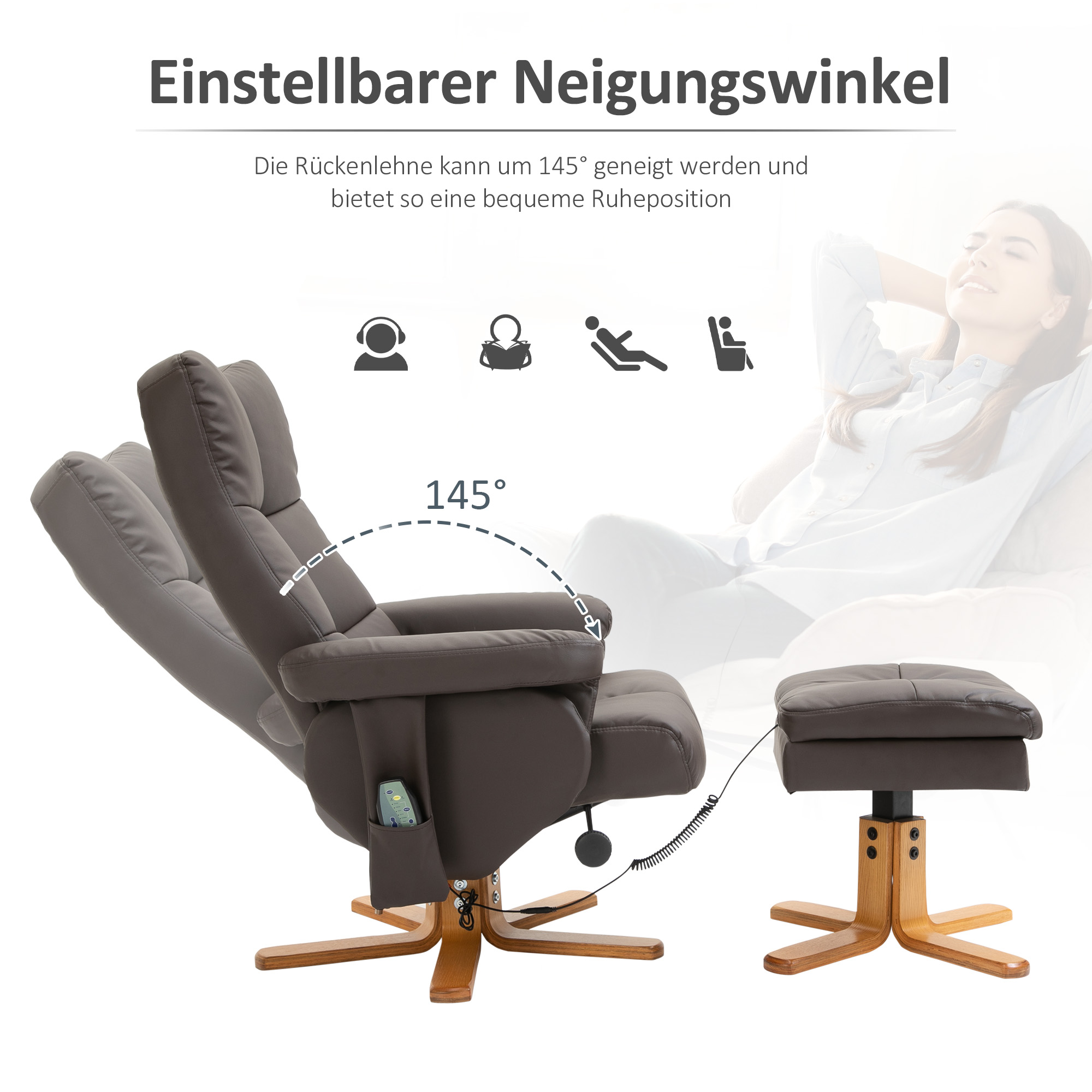 Relaxsessel mit Liegefunktion Massagesessel mit Fußhocker Fernsehsessel TV Sessel 145°-Neigung Liegesessel Ergonomischer Stuhl mit 10 Vibrationpunkte Kunstleder Braun 80 x 86 x 99 cm