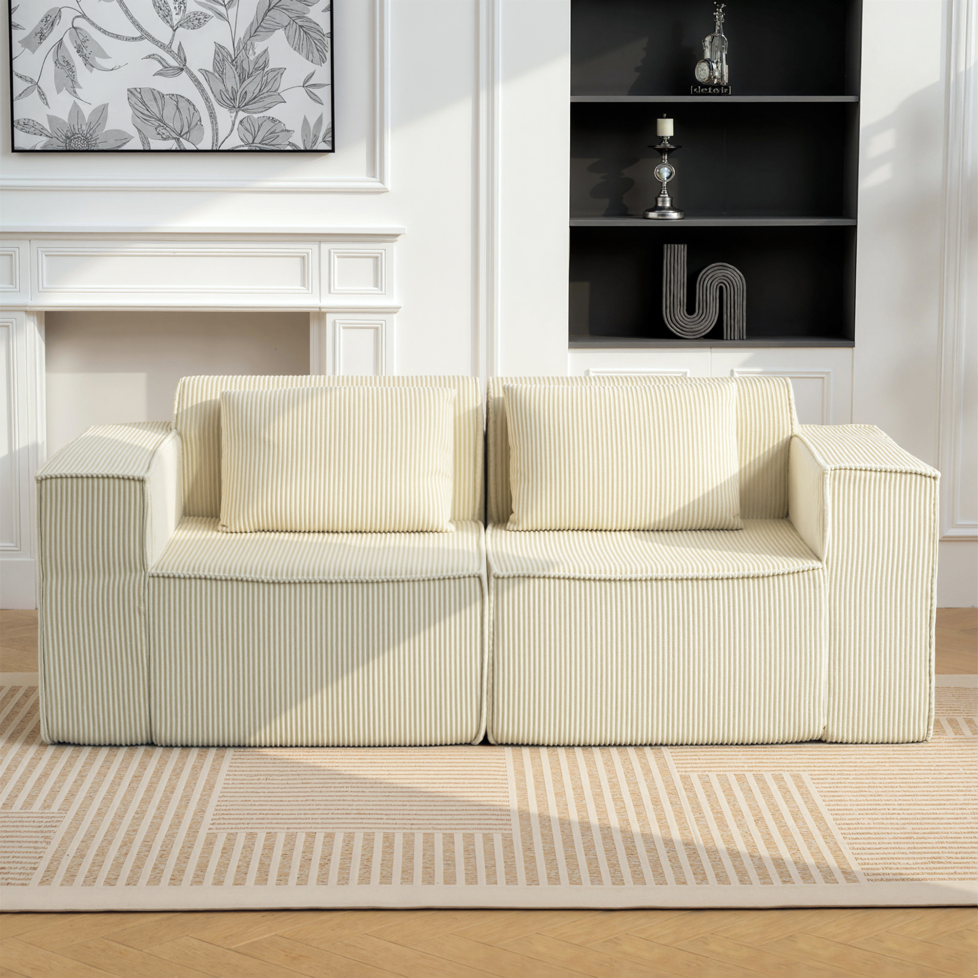 3-Sitzer-Sofa, weiche Schaumstoffstruktur, breite Armlehnen, 2 Kissen, Cordbezug, Beige
