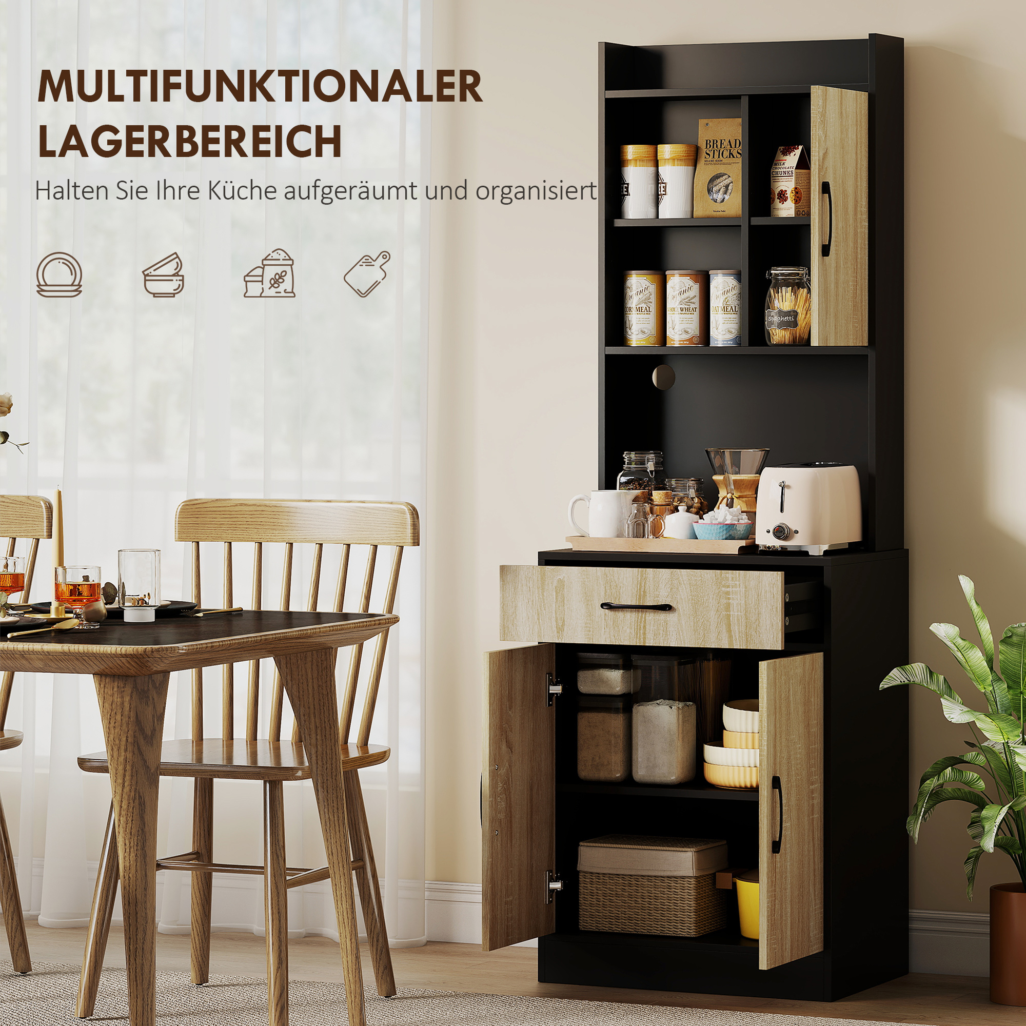 Küchenschrank mit Arbeitsfläche und Kabelloch, moderne Küchenkommode mit Schublade, 3 offene Regale, Naturholz, Schwarz