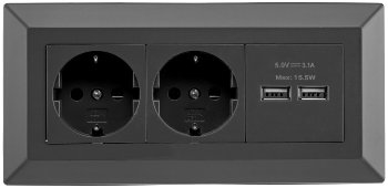 2-fach Steckdosenblock + 2x USB, schwarz, 250V~/ 16A, Aufbaumontage, USB 3,1A
