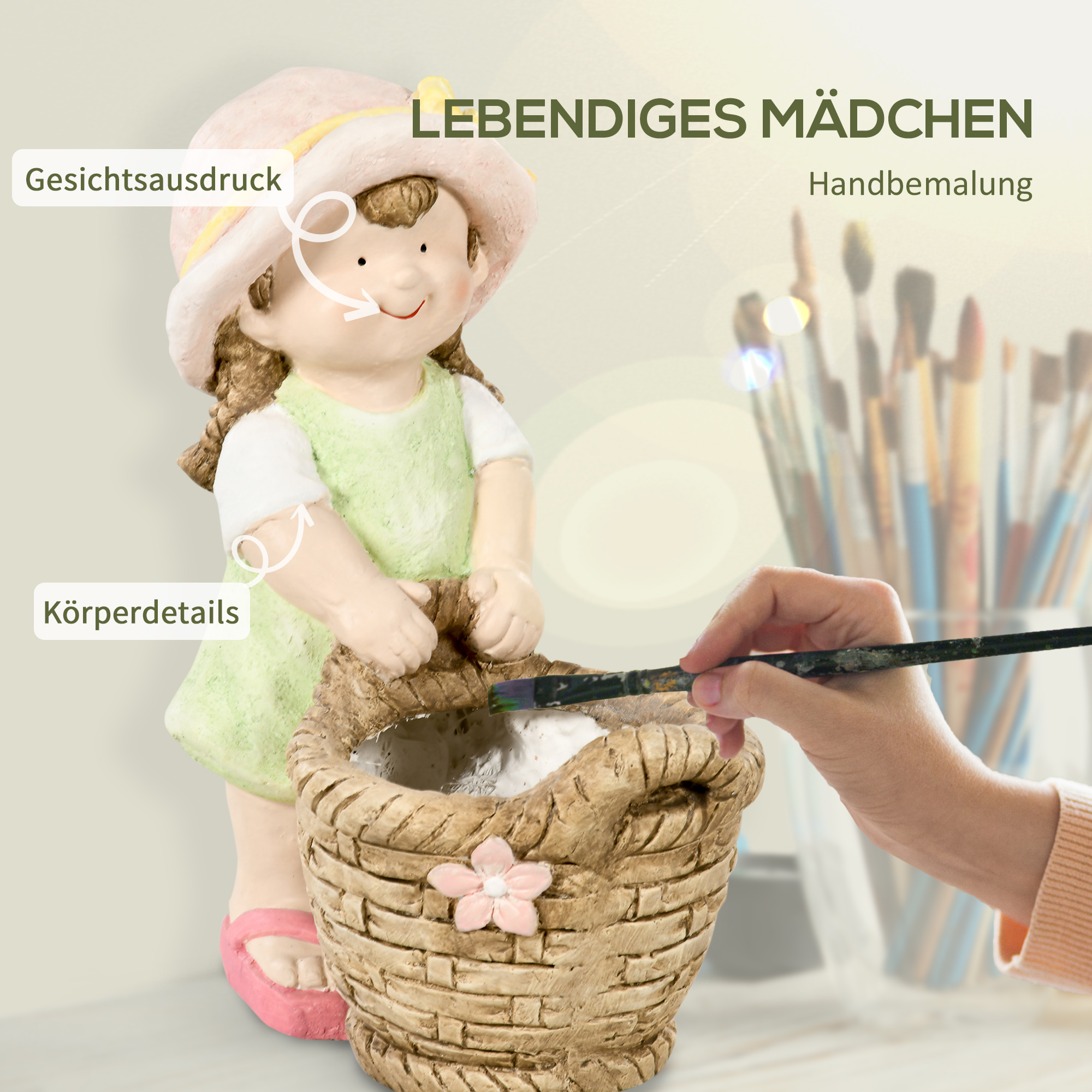 Gartenfigur "Mädchen mit Blumenkorb", Gartendekoration, wetterbeständig, 20 cm x 30 cm x 40 cm