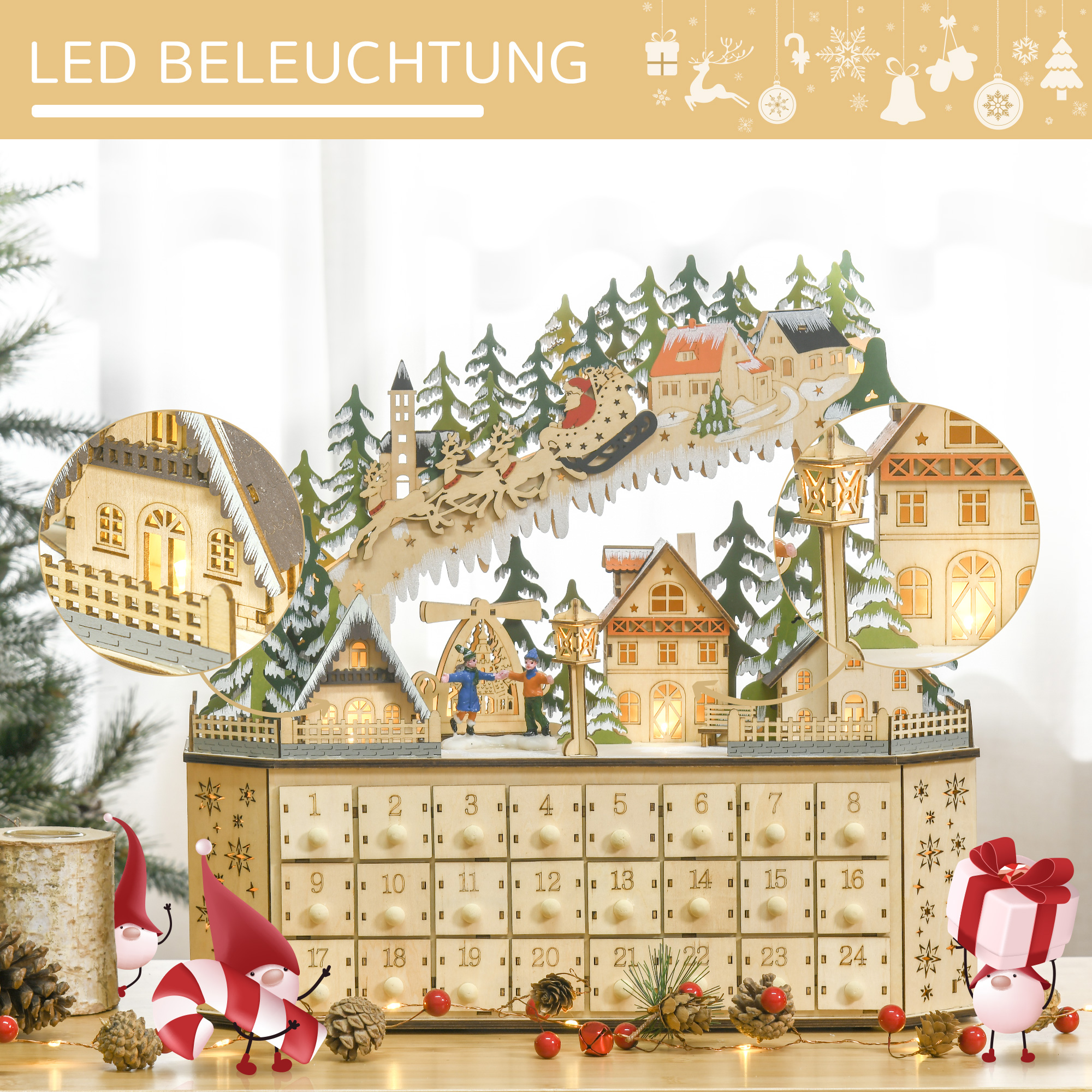 Adventskalender Weichnachtsdekoration Weihnachtsdeko, 24 Schubladen, LED-Lichter, 39 cm x 9 cm x 42 cm, Weiß + Grün