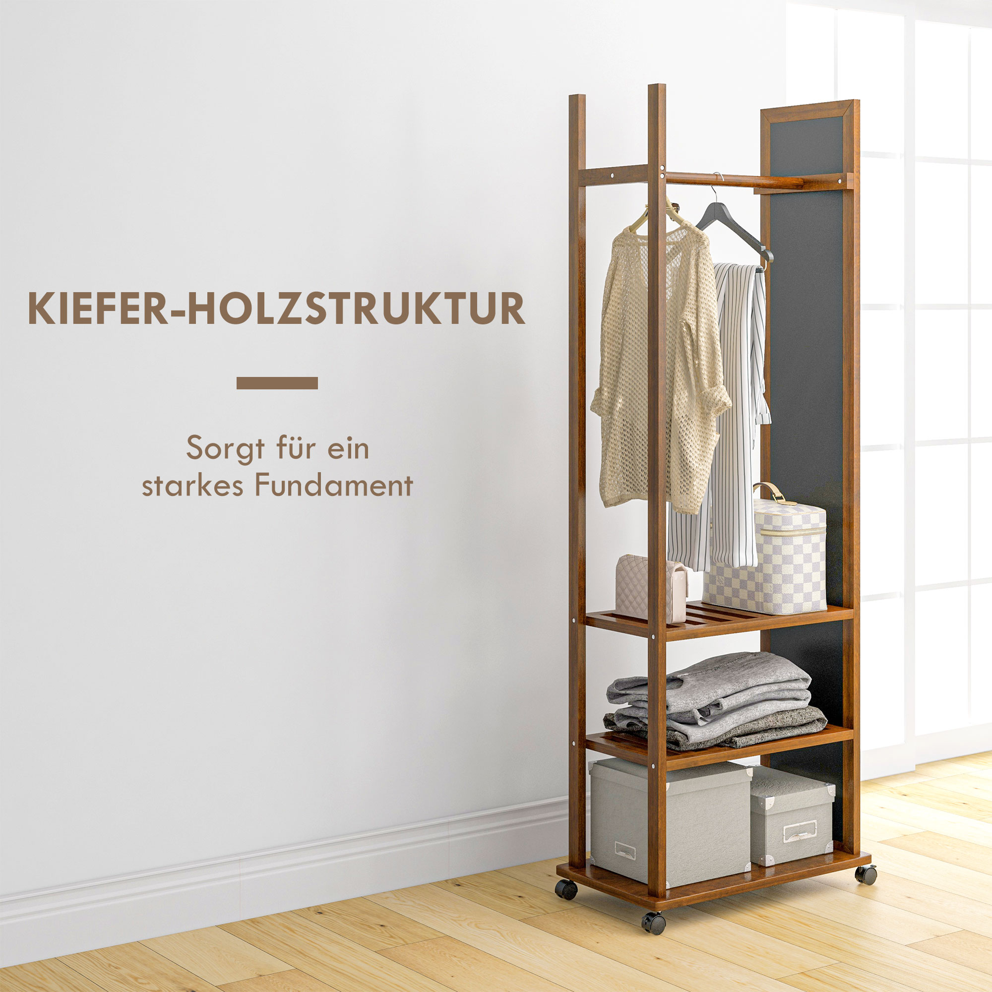 2-in-1-Spiegel Spiegel Ganzkörperspiegel Garderobe, 1 Kleiderstange, 3 Regale, 35,8 x 59,8 x 170 cm, Natur