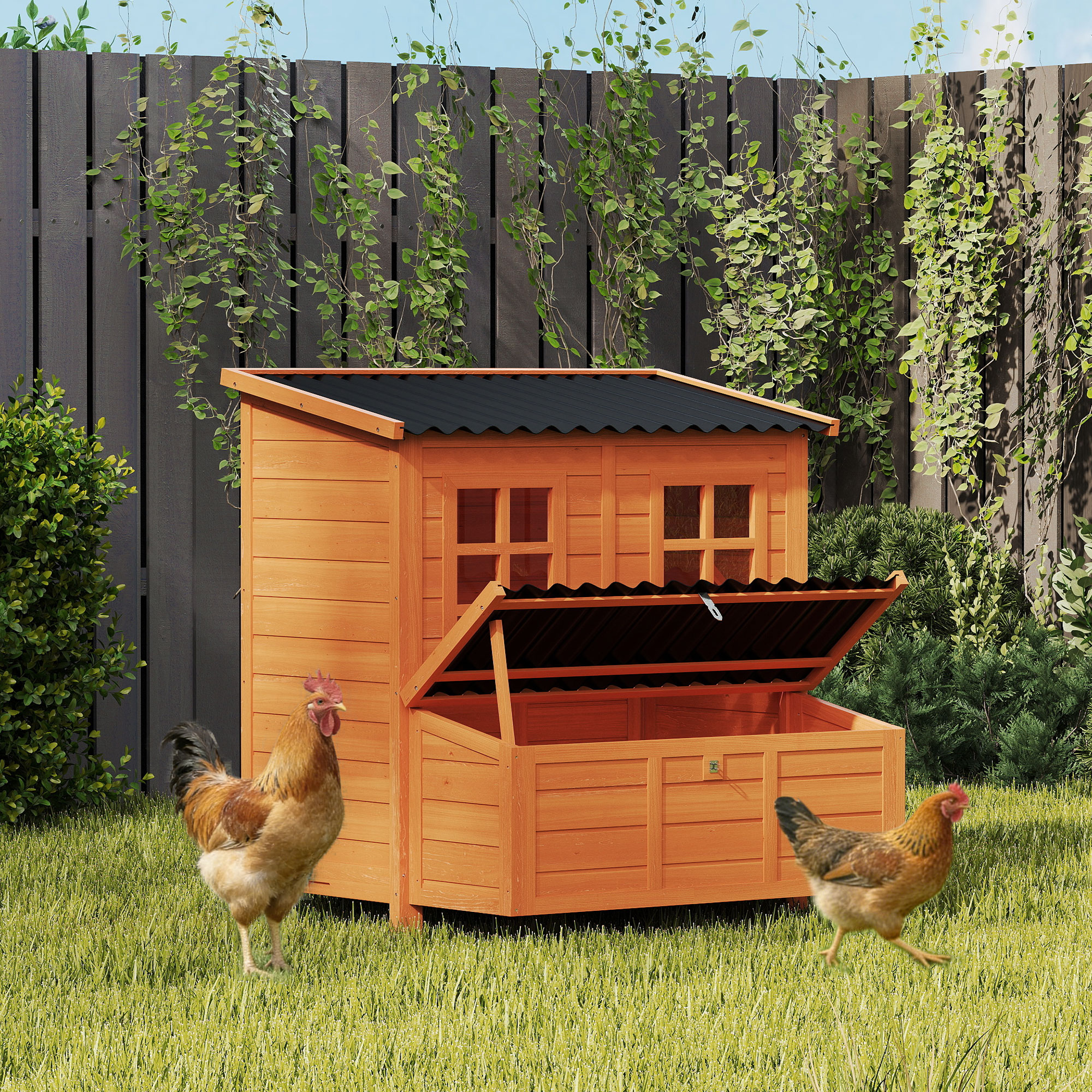 Hühnerstall mit Nestkasten für 4-6 Hühner, Wasserfestes Dach, Tannenholz, Kunststoff, 100 x 86 x 100 cm, Orange