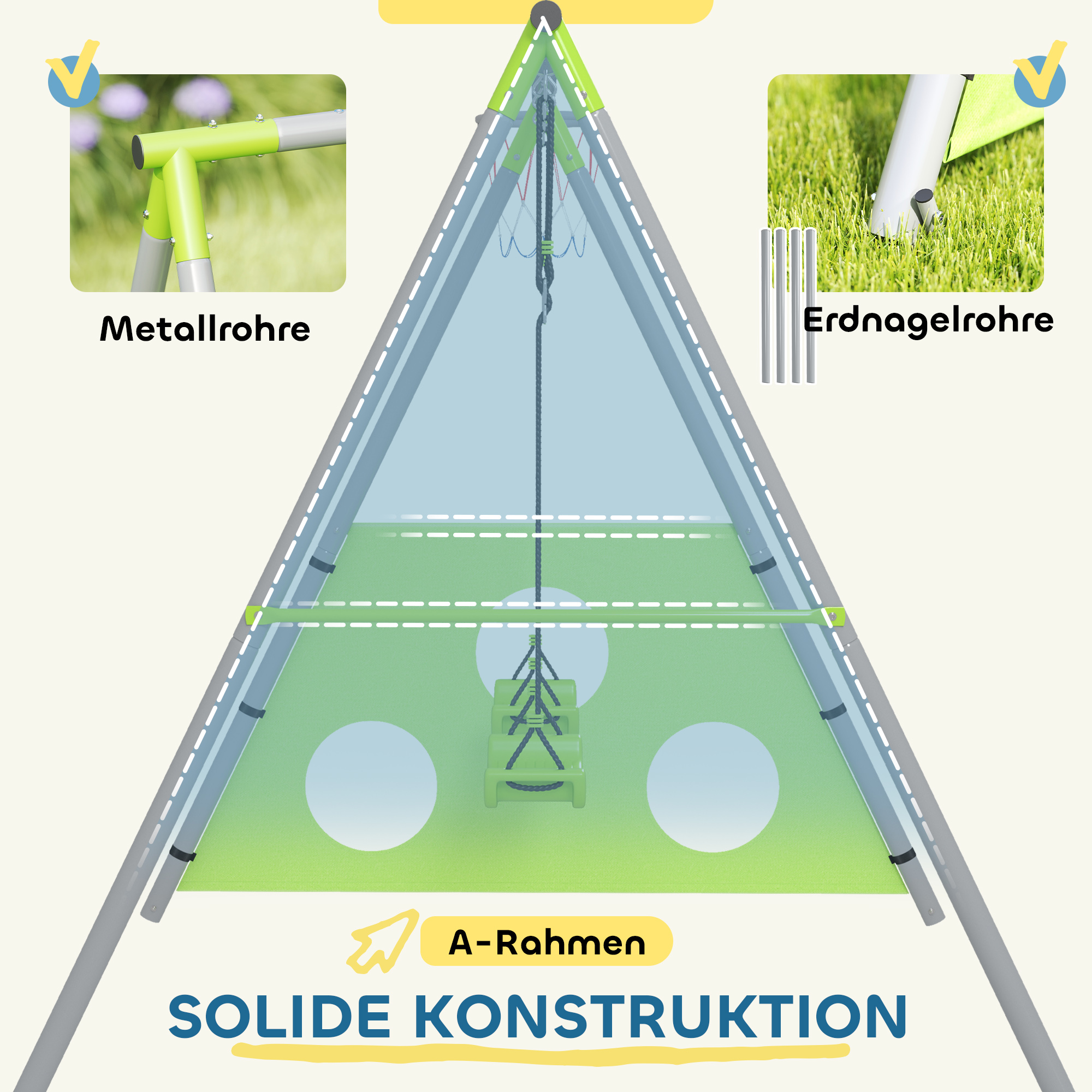 Schaukelset für Kinder, 2 Schaukelsitze, 1 Basketballkorb, 1 Fußballtor, Metallrahmen, Grün