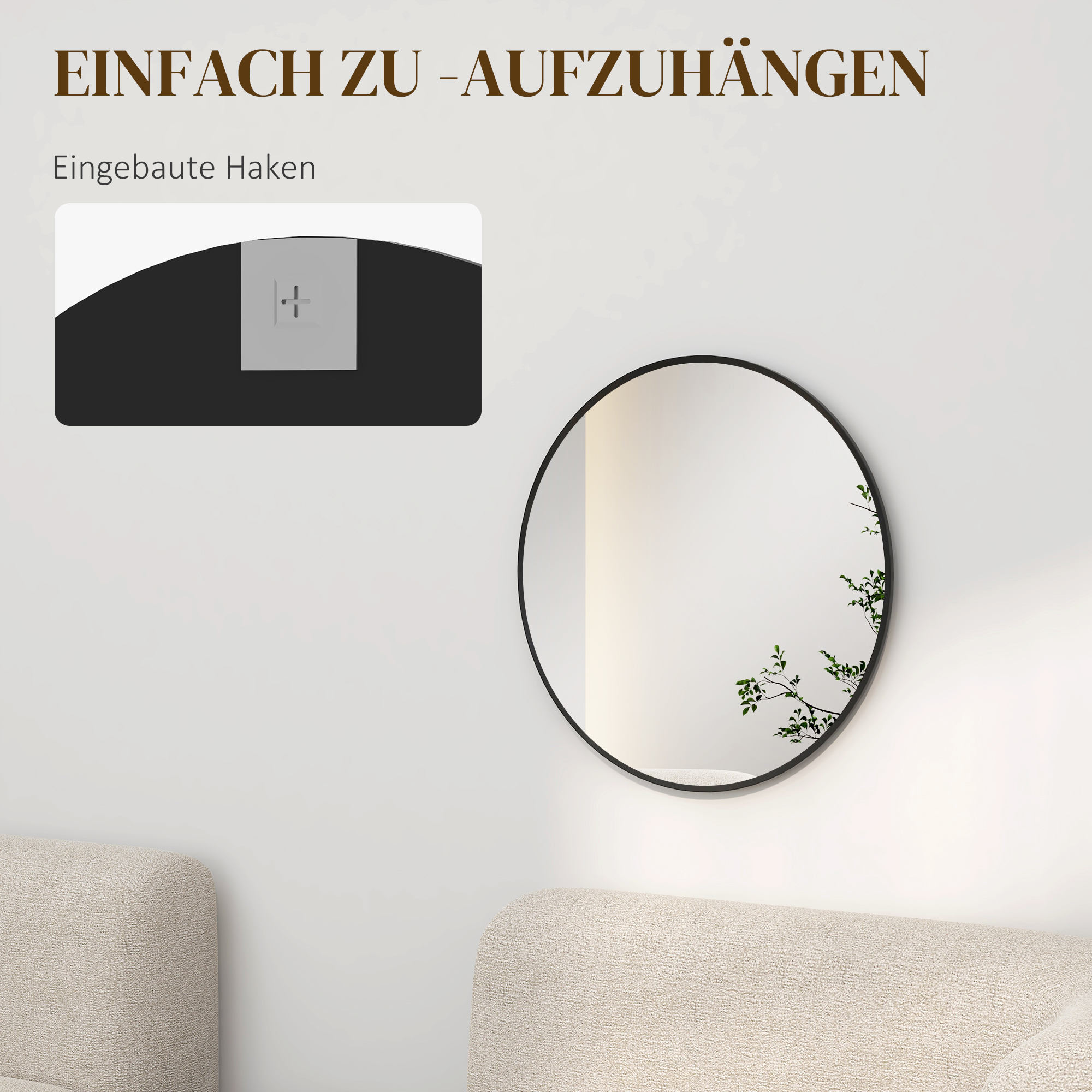 Wandspiegel, modernes Design, ?61 cm, Schwarz