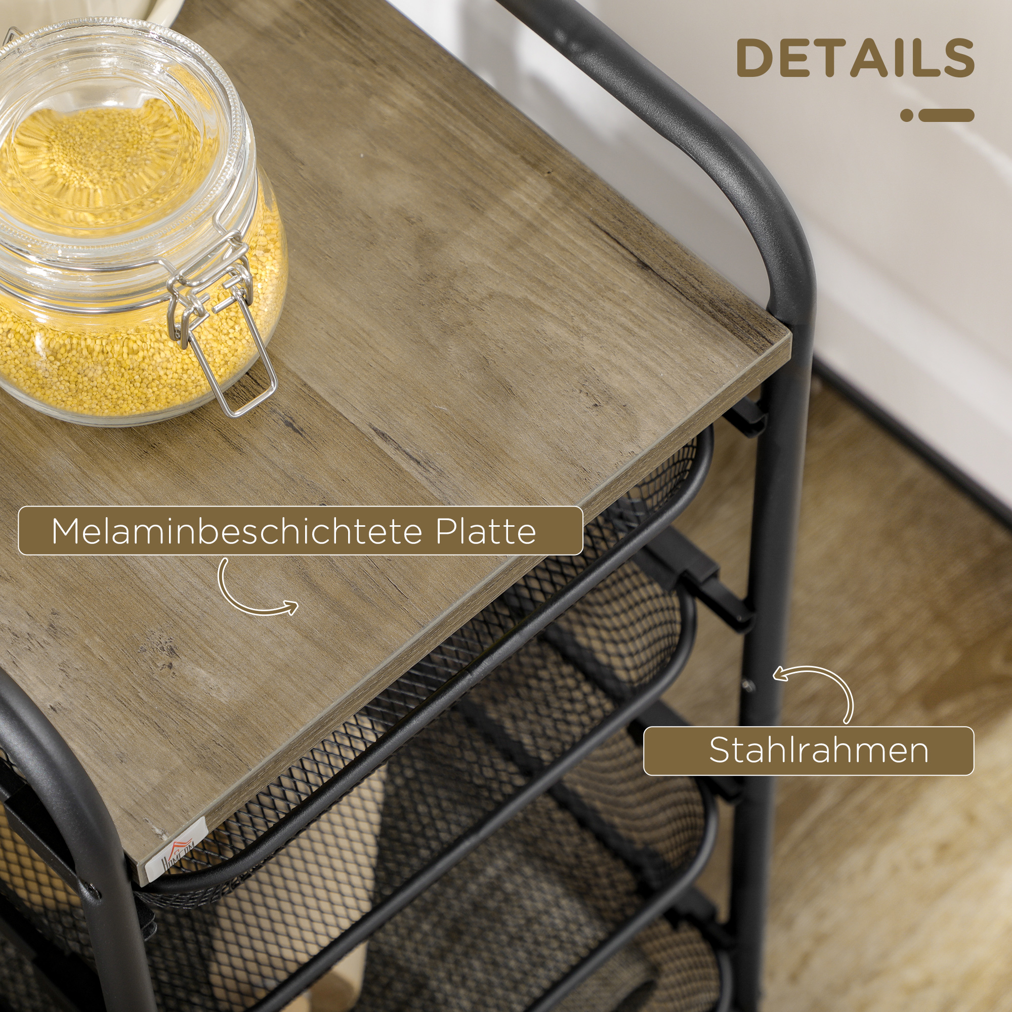 Rollwagen mit 4 Körben, Küchenwagen, 4 Räder mit 2 Bremsen, Allzweckwagen, Schwarz, 41,5 x 31 x 66 cm