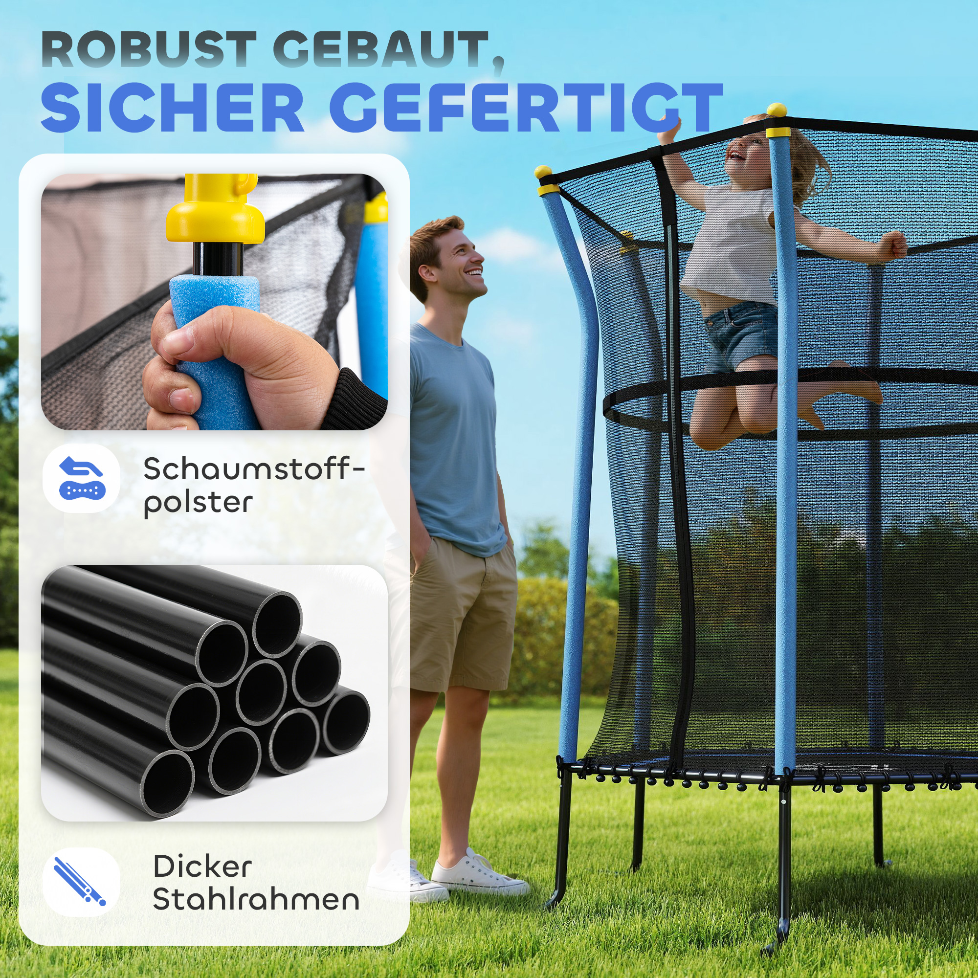 Trampolin für Kinder, Ø163,5 cm, mit Sicherheitsnetz, gepolstert, Stahl, belastbar bis 50 kg, Schwarz & Blau