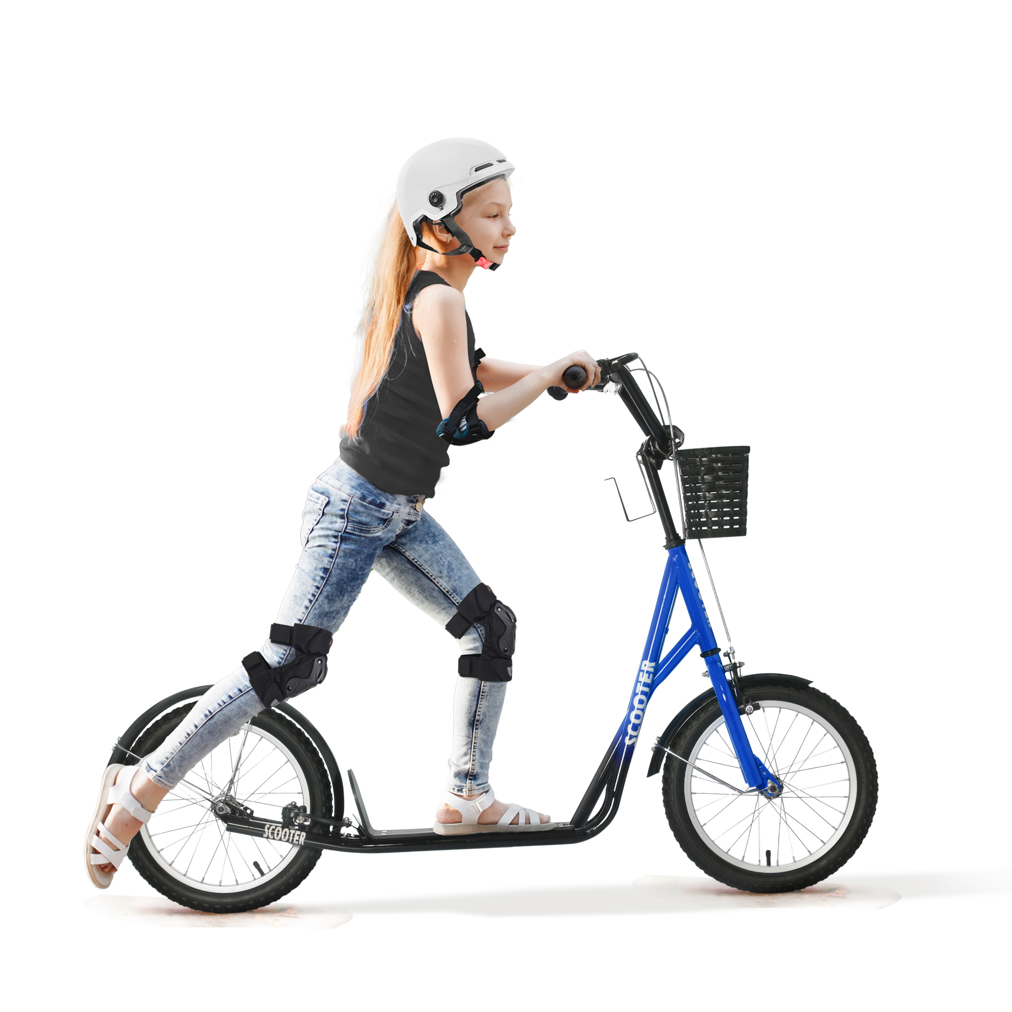 Kinderroller, Scooter mit Bremse, inkl, Korb, höhenverstellbar, für Kinder 5-12 J,, blau+schwarz