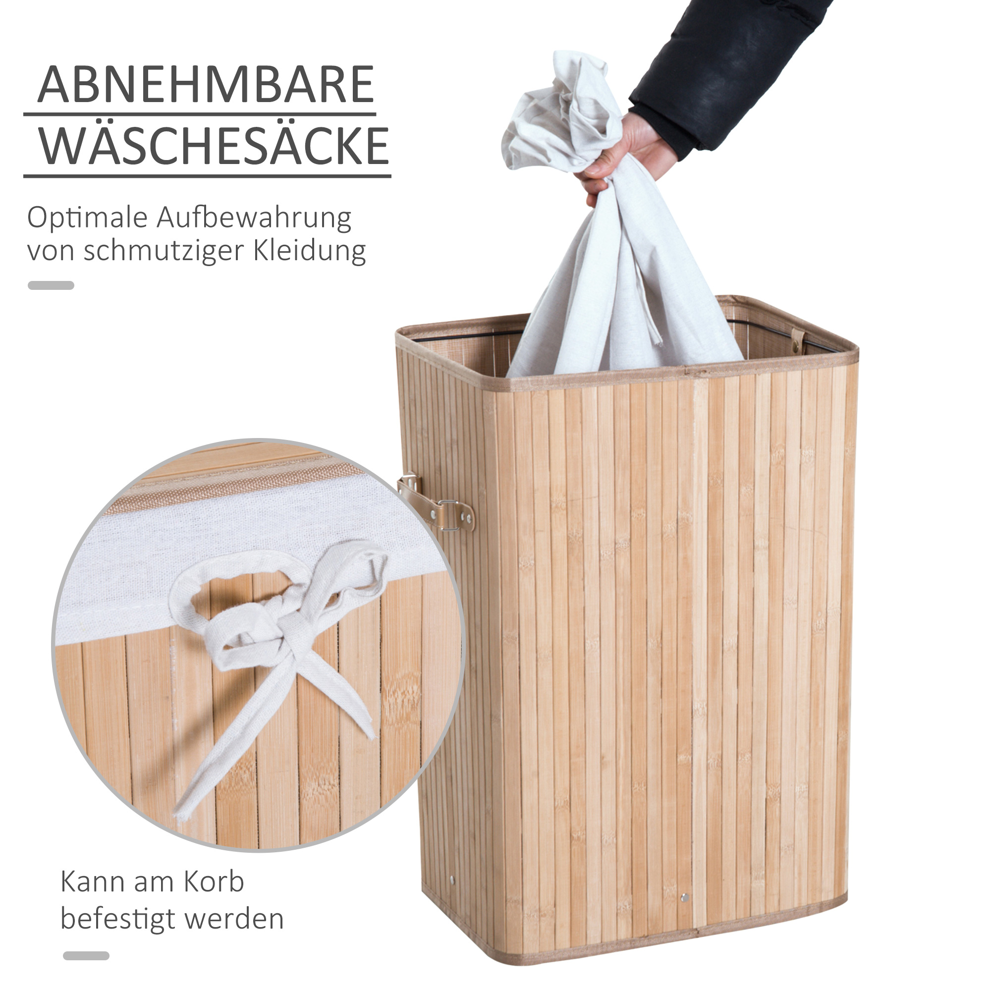 Wäschekorb schmal mit Deckel 72L Wäschesammler mit Griff, herausnehmbarer Wäschesack, Wäschebox für Waschküche Schlafzimmer Badezimmer Natur