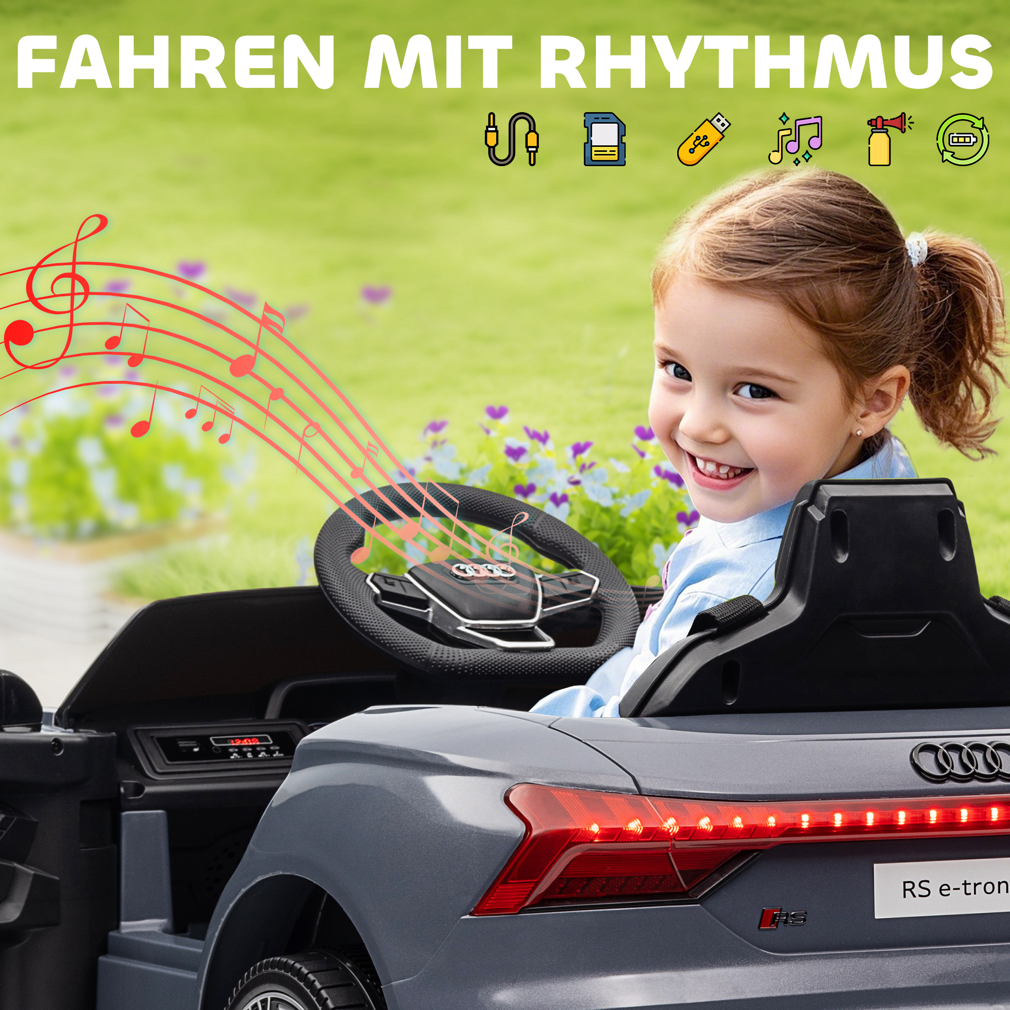 Kinder-Elektroauto mit Fernbedienung, Sicherheitsgurt, Hupe, Musik, Scheinwerfer, bis 5 km/h, 3-5 Jahre, Grau