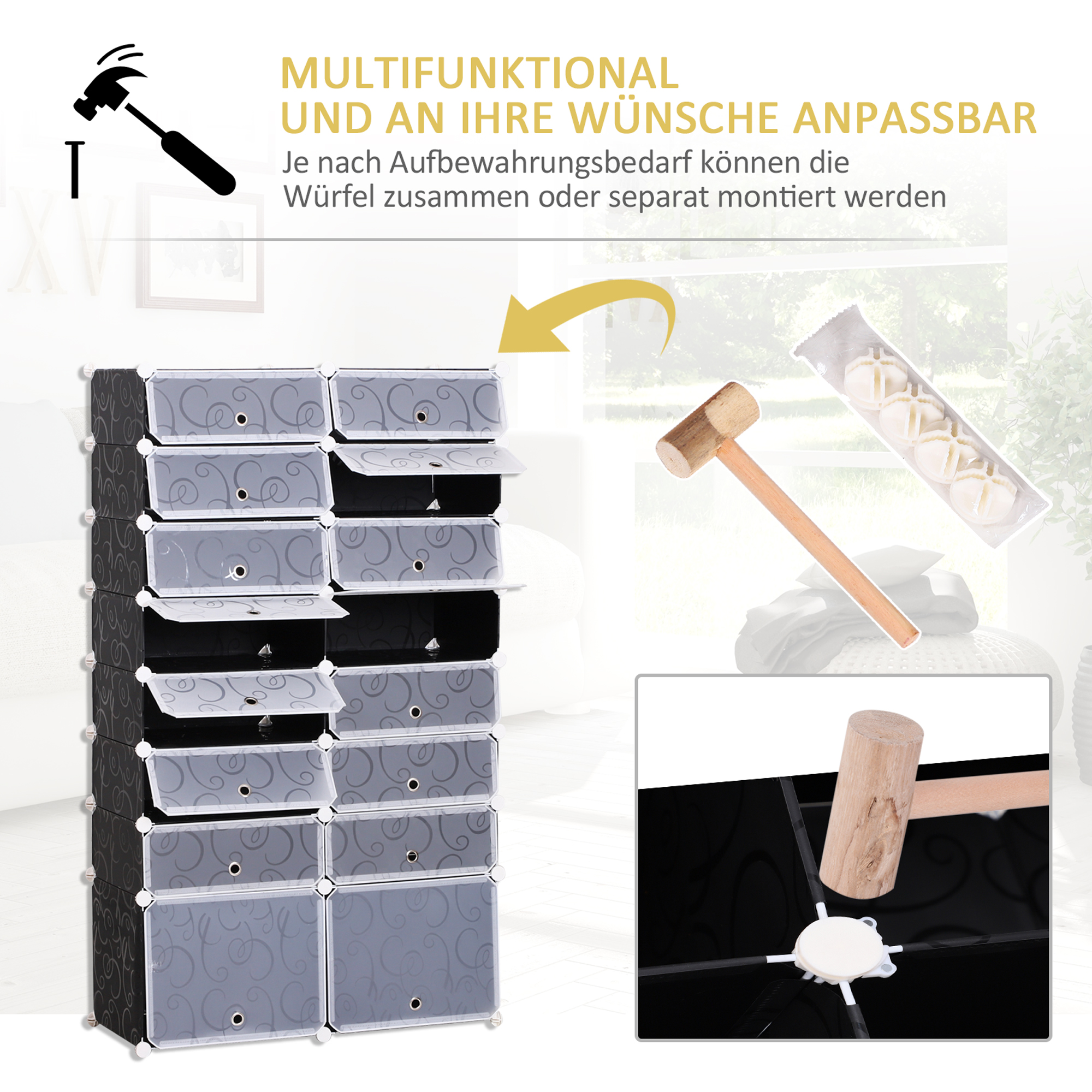 Schuhboxen 16er Set Schuhkarton stapelbar Schuhorganizer Schuhaufbewahrung Aufbewahrungsboxen Regalsystem mit Tür, Schwarz + Weiß