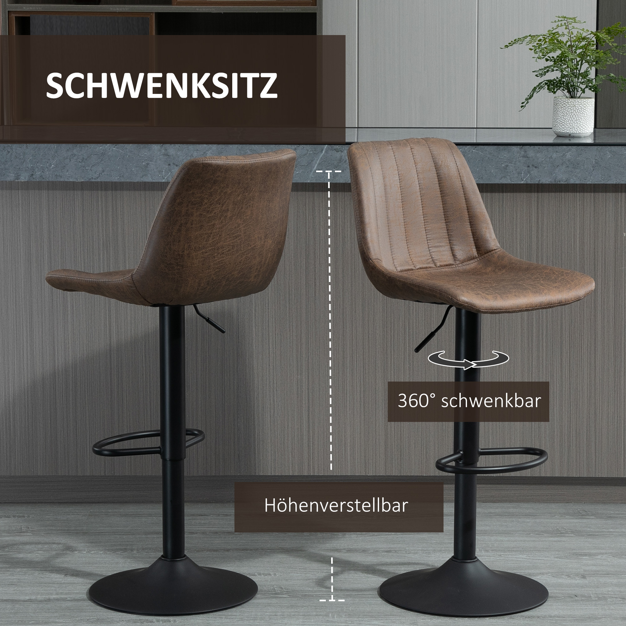 2er-Set Barhocker im Retrodesign, inkl, Fußstütze, höhenverstellbar, Gaslift, Braun + Schwarz