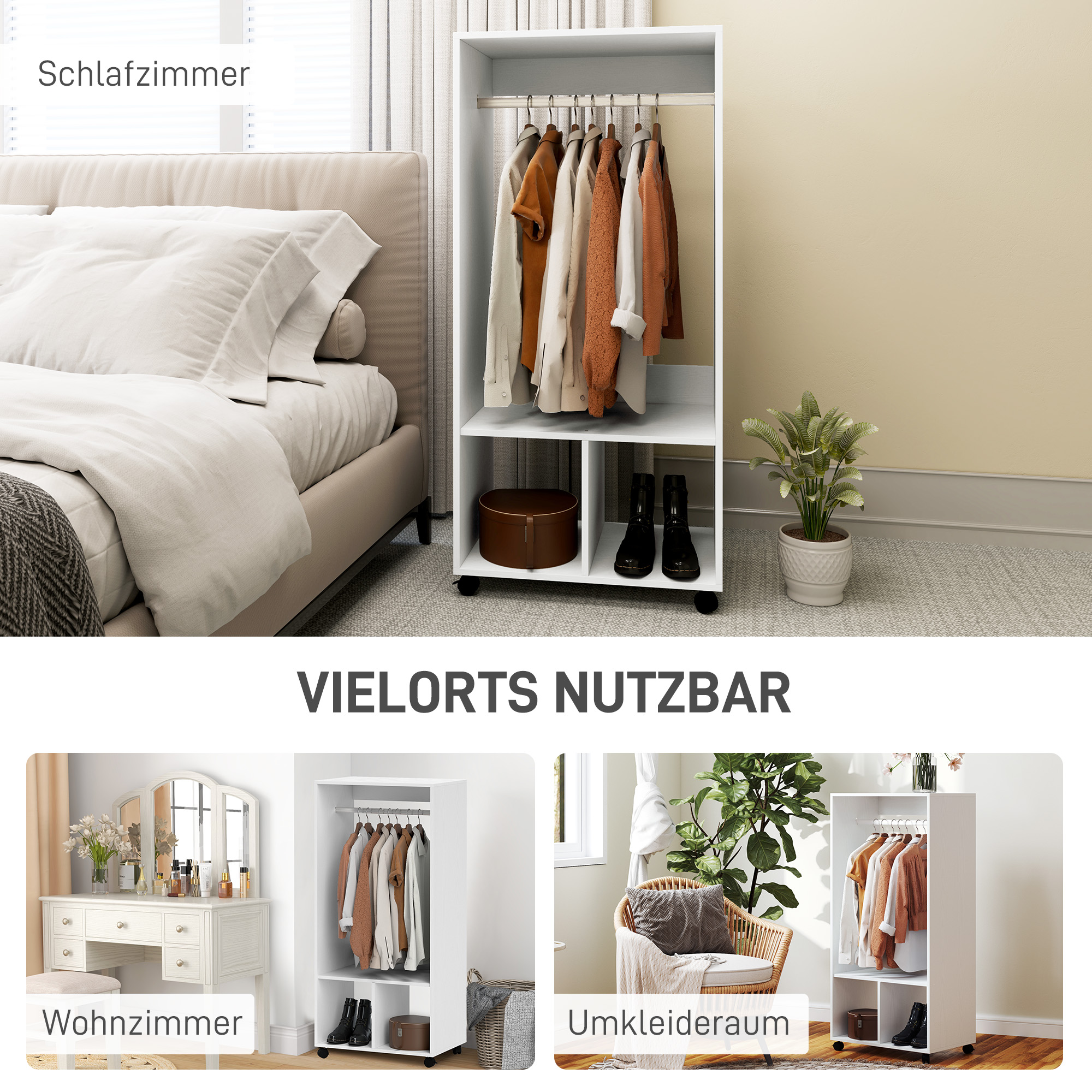 Kleiderschrank Garderobe,60 cm x 40 cm x 127 cm, 1 Kleiderstange, 2 Regale, Weiß