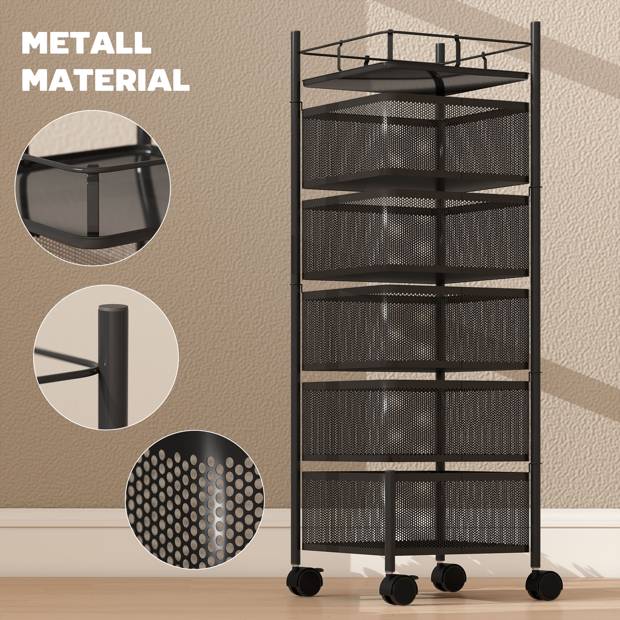 Küchenwagen, 5 drehbare Körbe, 4 Lenkrollen, Metallrahmen, Schwarz