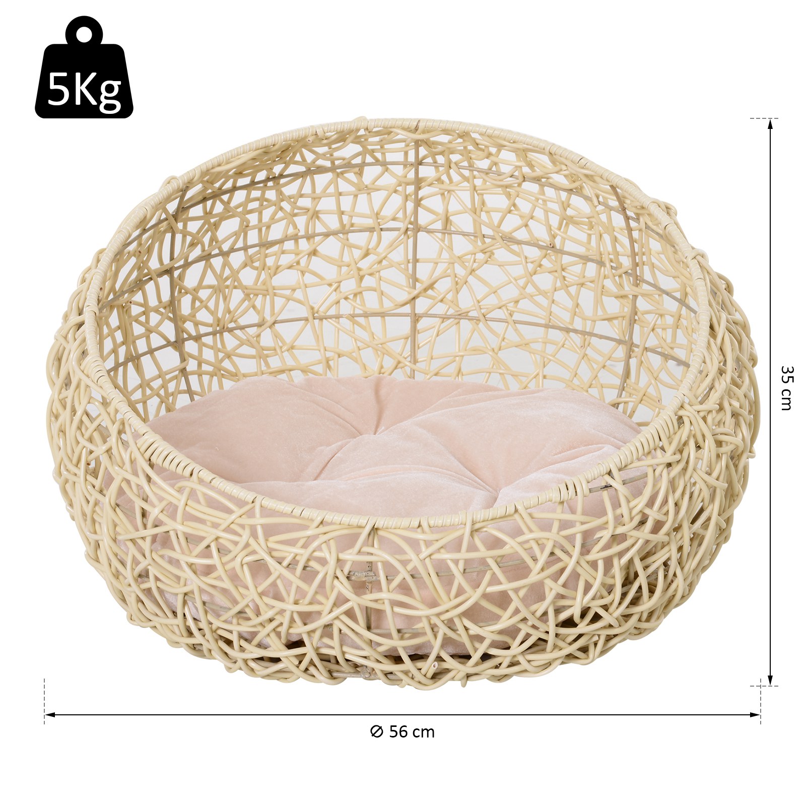 Katzenbett aus Rattan Katzenhöhle mit Kissen Katzenkorb Hundebett Katzenschlafplatz Hundehütte Tierbett für Katzen Hunde Beige Ø56 x 35 cm
