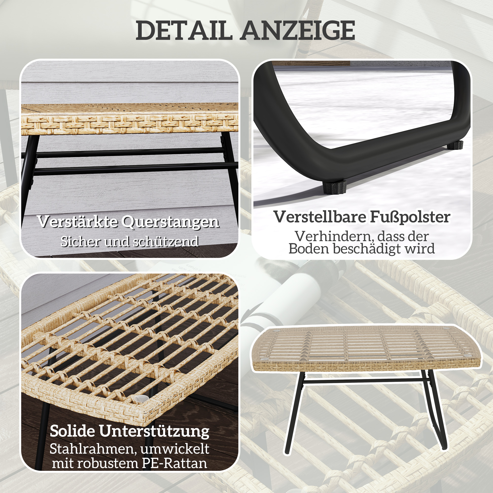 Polyrattan Gartentisch, 90 x 50 x 45 cm, UV-beständig Beistelltisch mit Glasplatte Naturholz