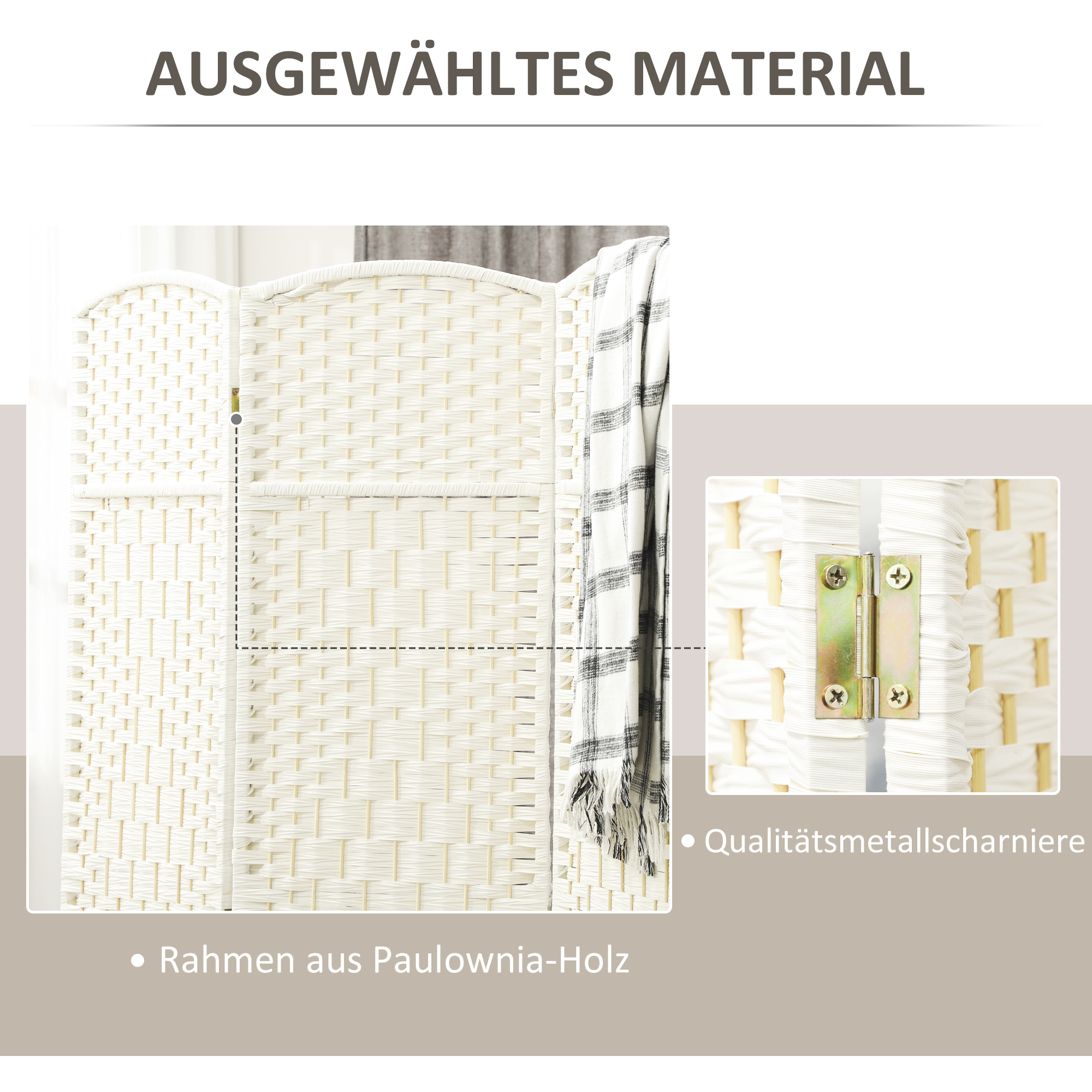 Raumteiler, 4-teilig faltbare Trennwand, Geflechtmuster, Kiefernholz, Weiß