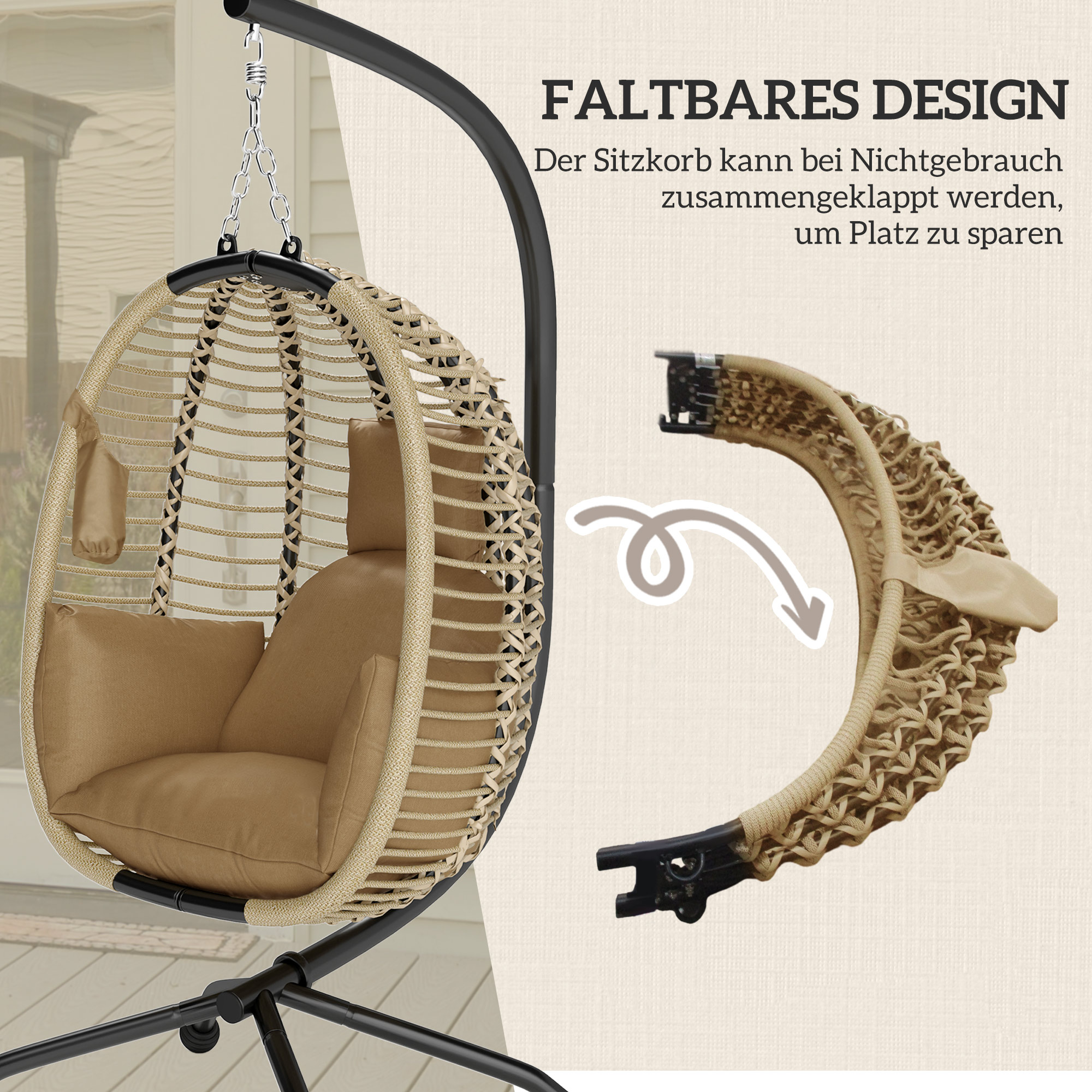 Hängesessel mit Gestell, Faltbar Eiförmiger Hängeschaukel mit waschbarem Sitz Becherhalter Sicherheitsseil Beige