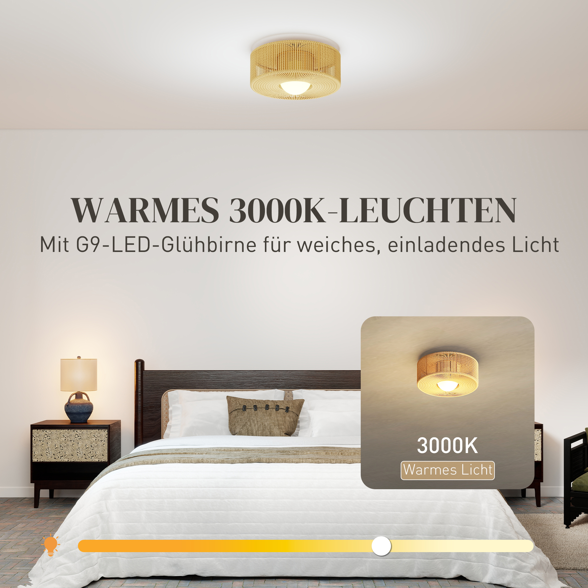 Deckenleuchte, Boho-Deckenlampe Hängend mit G9 LED Fassung, Lampenschirm aus Hanfseil Rund