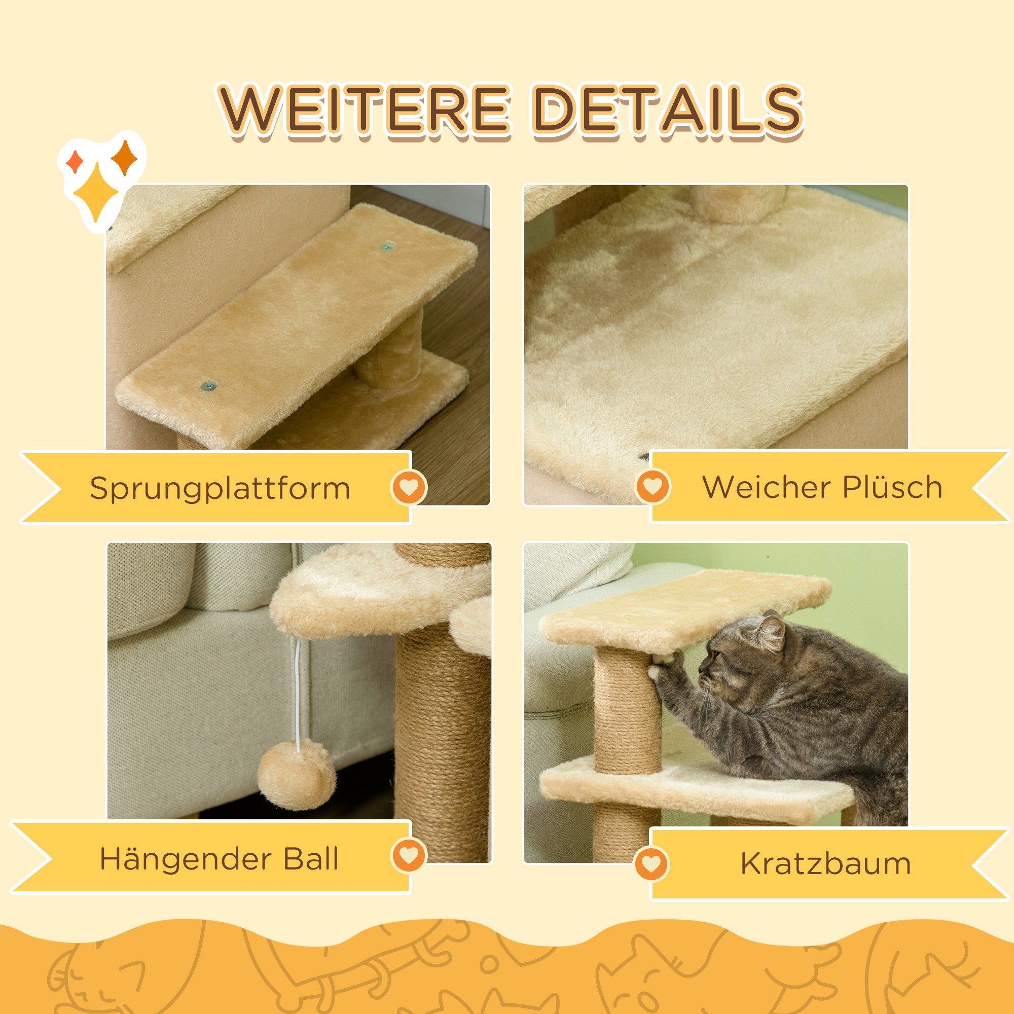 Haustiertreppe, Kratzbaum, 4 Stufen, Spielball, Häuschen, höhenverstellbar, 60 x 40 x 66 cm, Beige