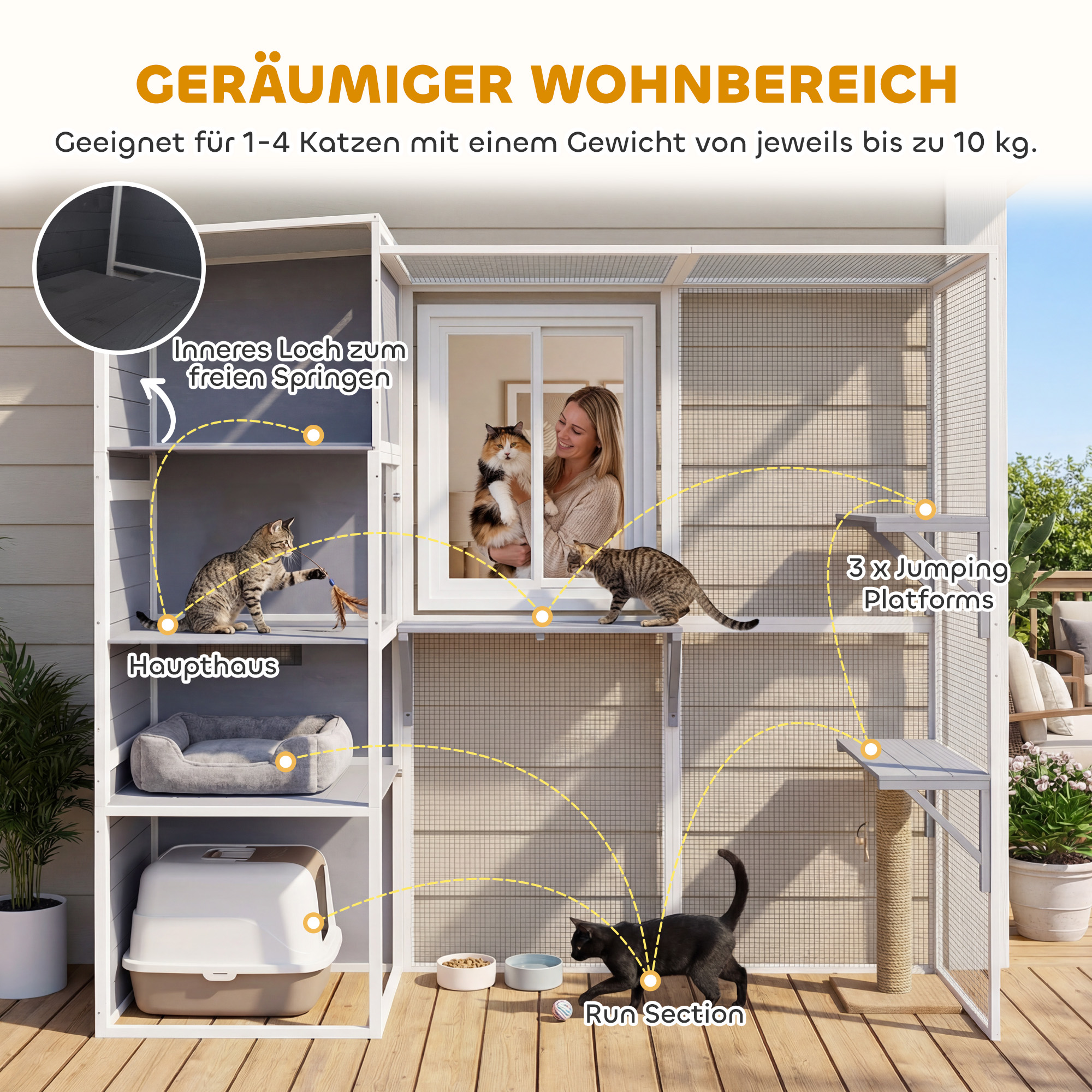 Katzengehege Outdoor Katzenhaus aus Holz mit 3 Plattformen wetterfest Dach Ruhebereich für 3-4 Katze bis 10 kg Grau