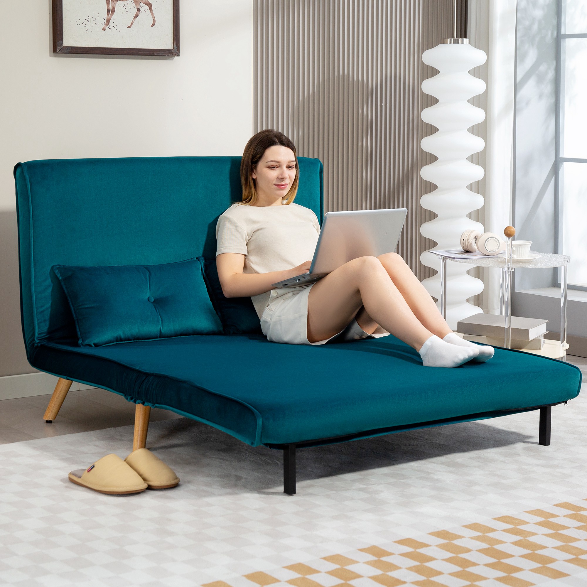 2-Sitzer-Schlafsofa, Bettsofa, in Bett umwandelbare Couch, verstellbare Rückenlehne, Stoffbezug, Metallrahmen, Grün