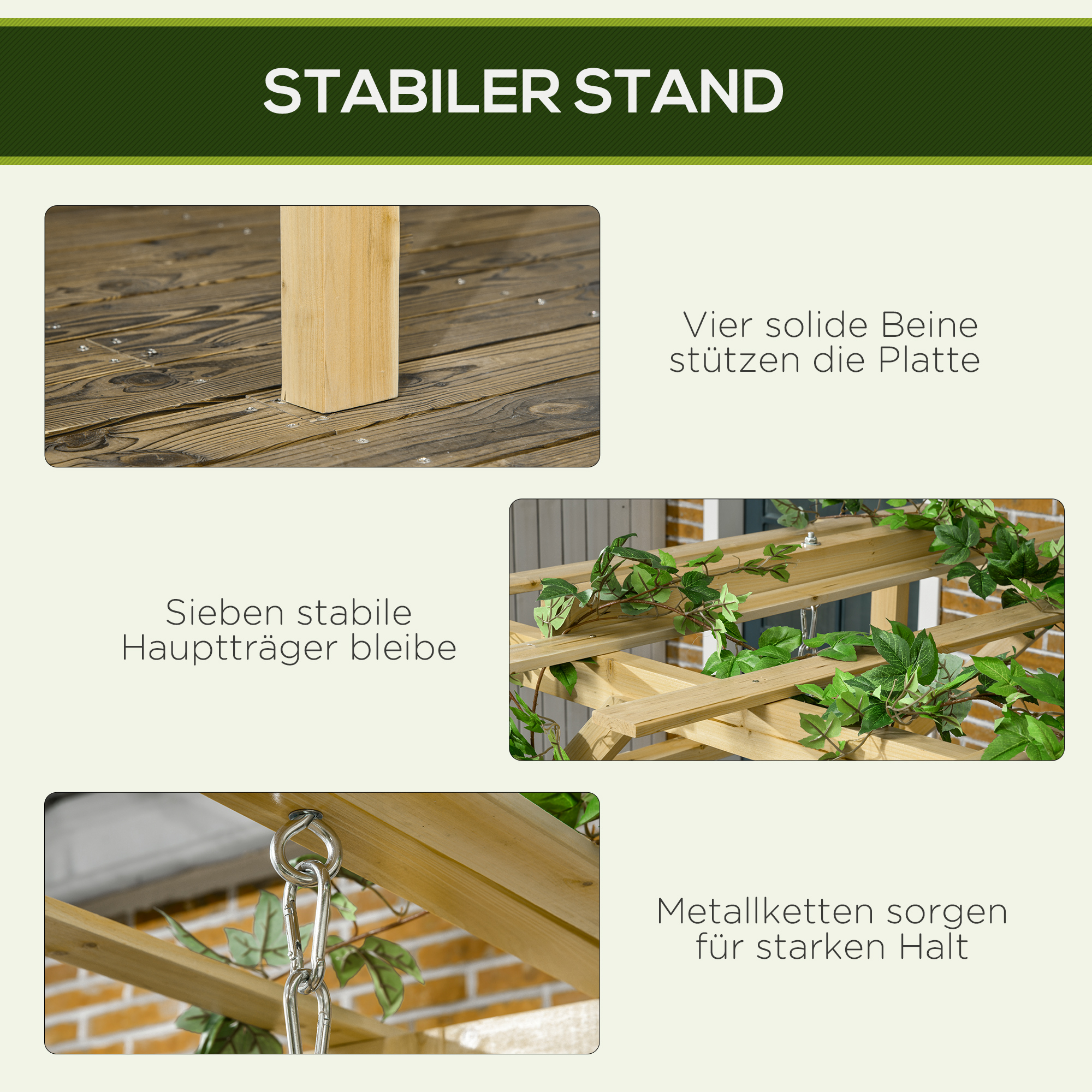 Schaukelbank mit Pergola, für 2 Personen, höhenverstellbar, Massivholzrahmen, 2,21 x 1,40 x 1,96 m