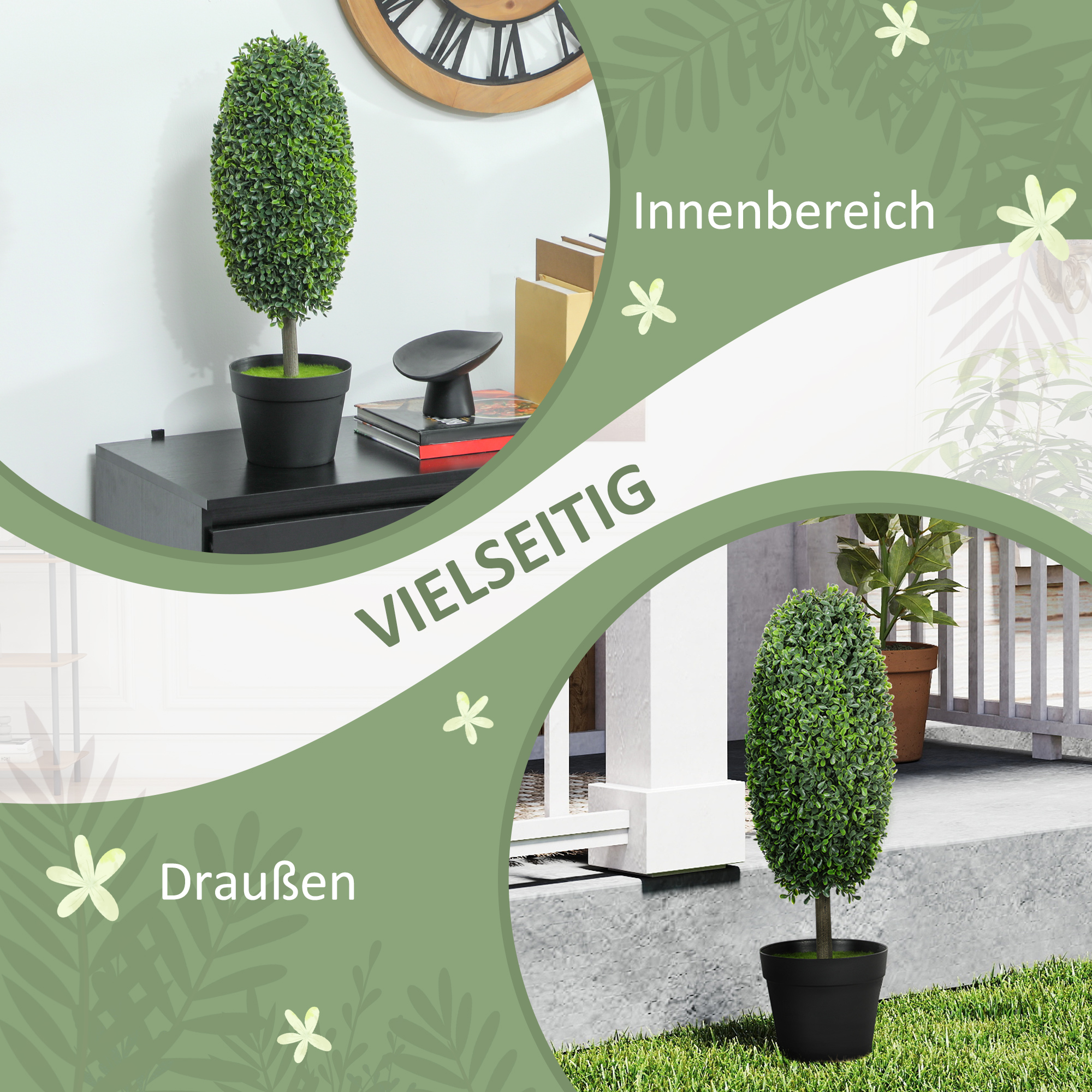 2er-Set künstliche Pflanzen, UV-beständige Kunstbäume im Topf, Kunststoff, Zement, Grün