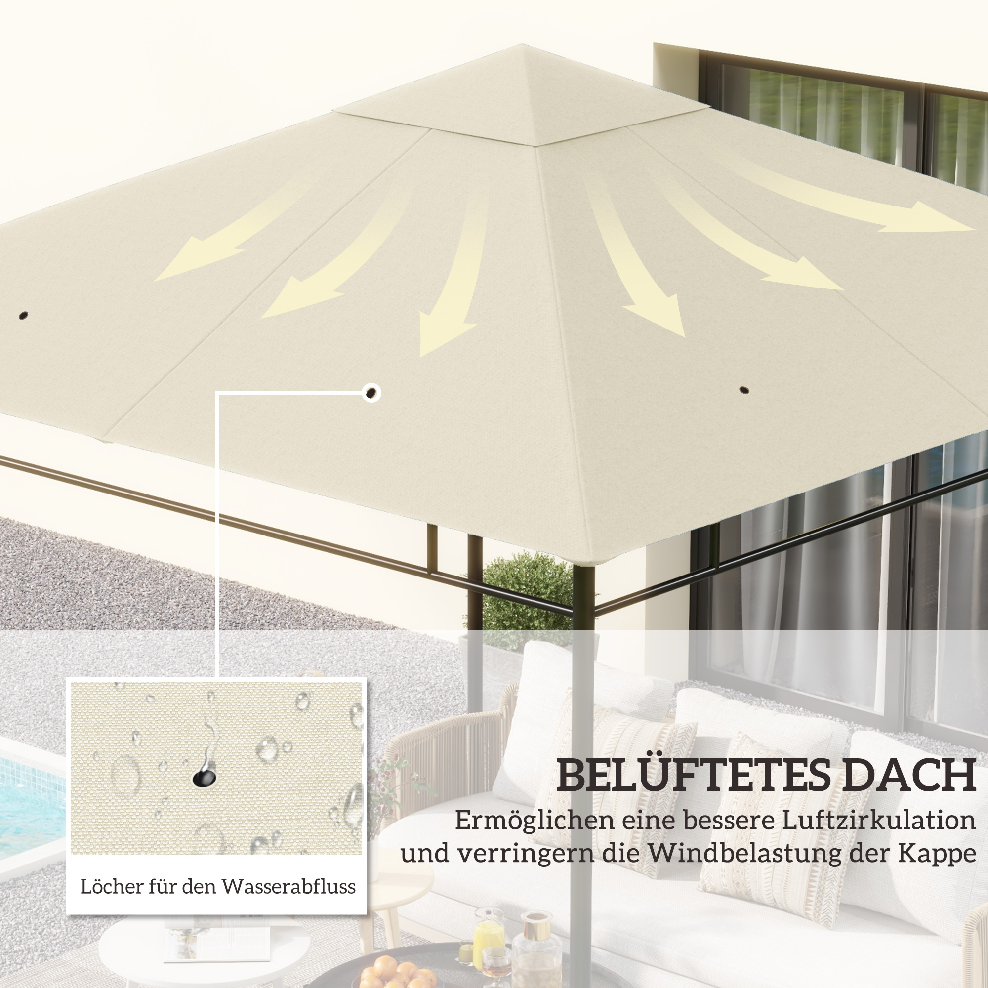 Ersatzdach für Pavillon 3x3m wasserabweisend Pavillondach mit 8 Wasserabflusslöcher Cremeweiß